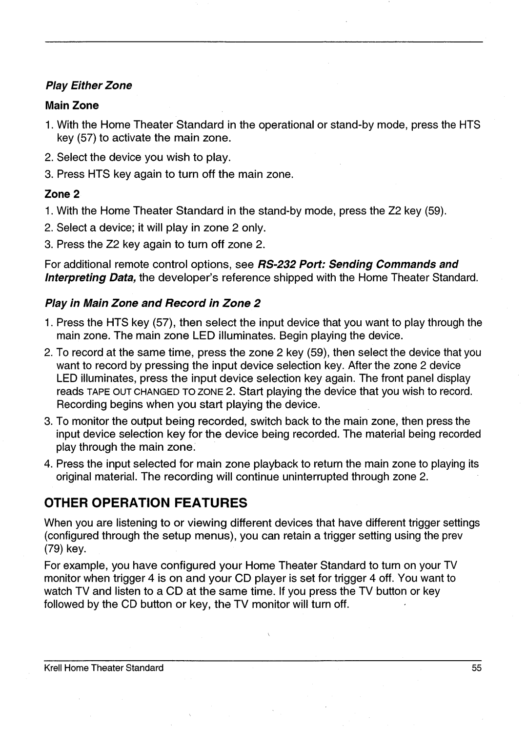 Krell Industries HTS 2 manual Main Zone 