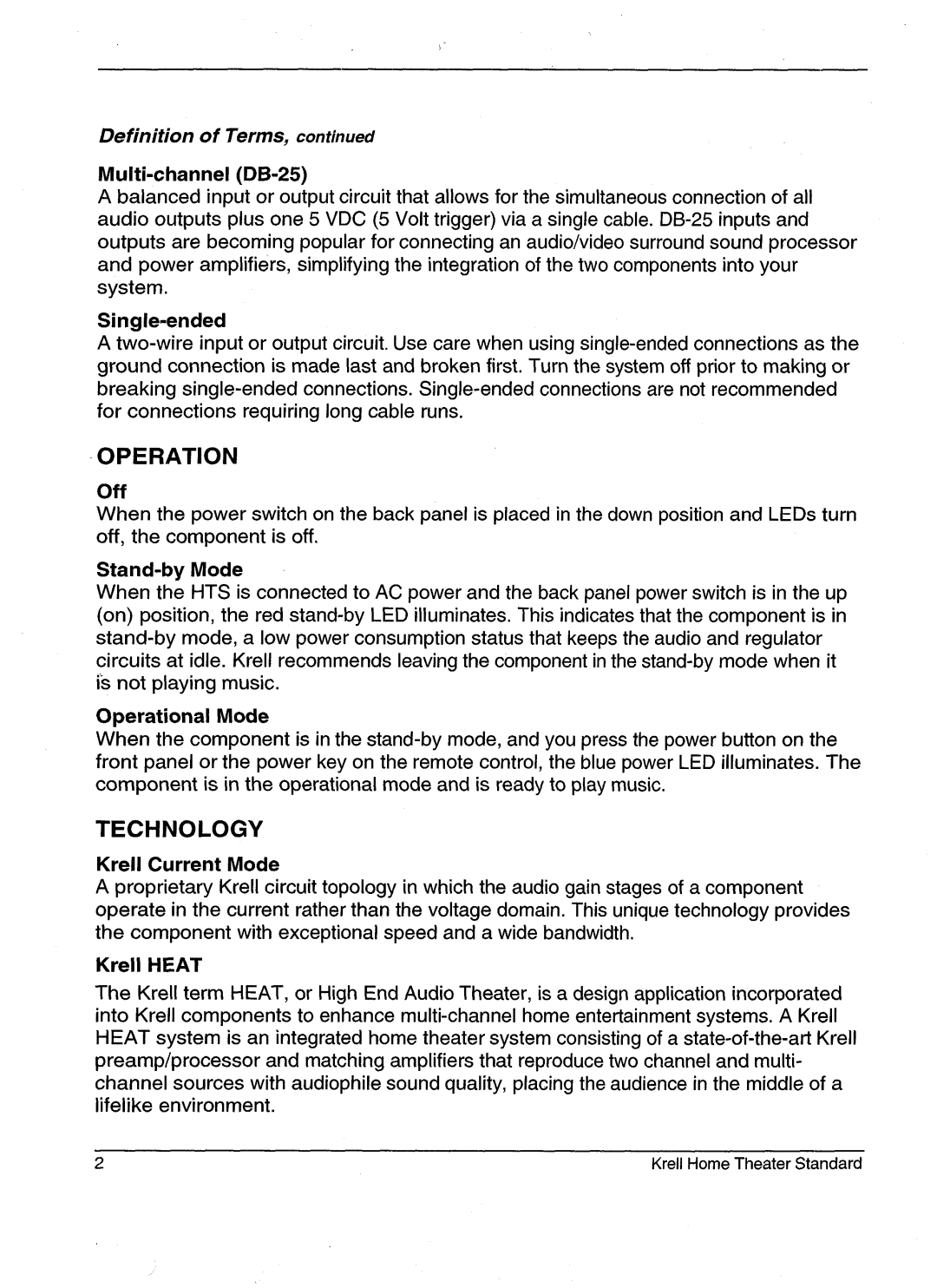 Krell Industries HTS 2 manual Operation, Technology 