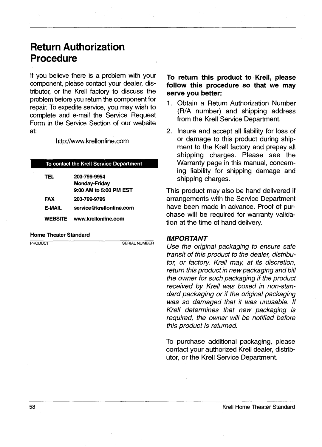 Krell Industries HTS 2 manual ReturnAuthorization Procedure 