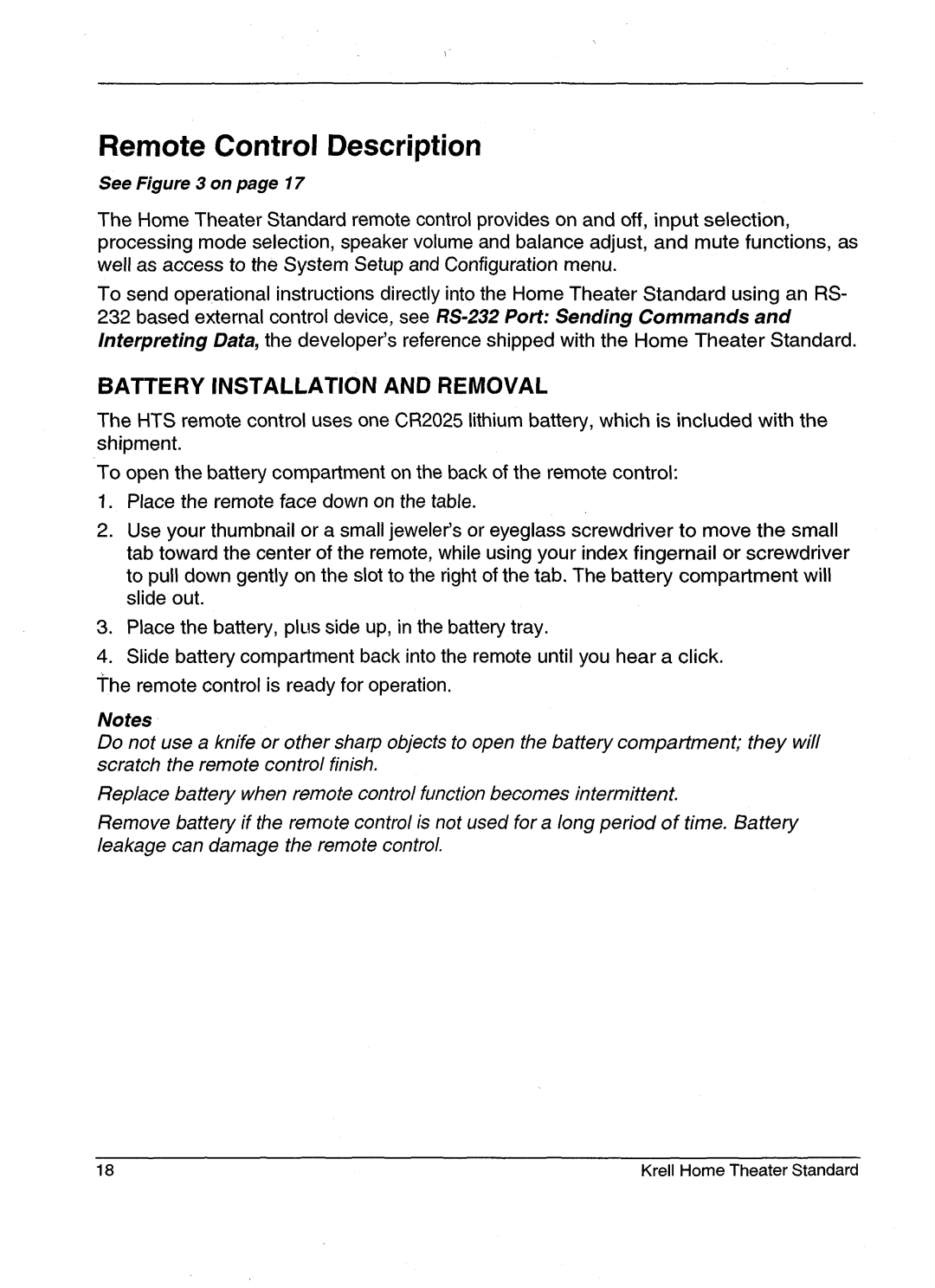 Krell Industries HTS 2 manual RemoteControl Description, Battery Installation And Removal, SeeFigure 3 on page17, Notes 
