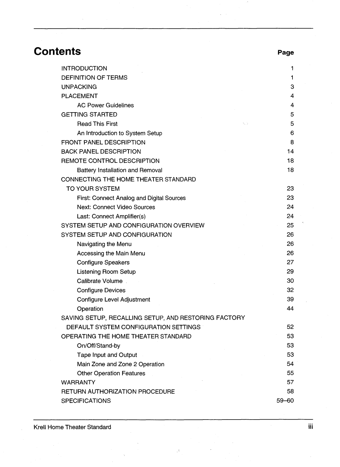 Krell Industries HTS 2 manual Contents, Page 