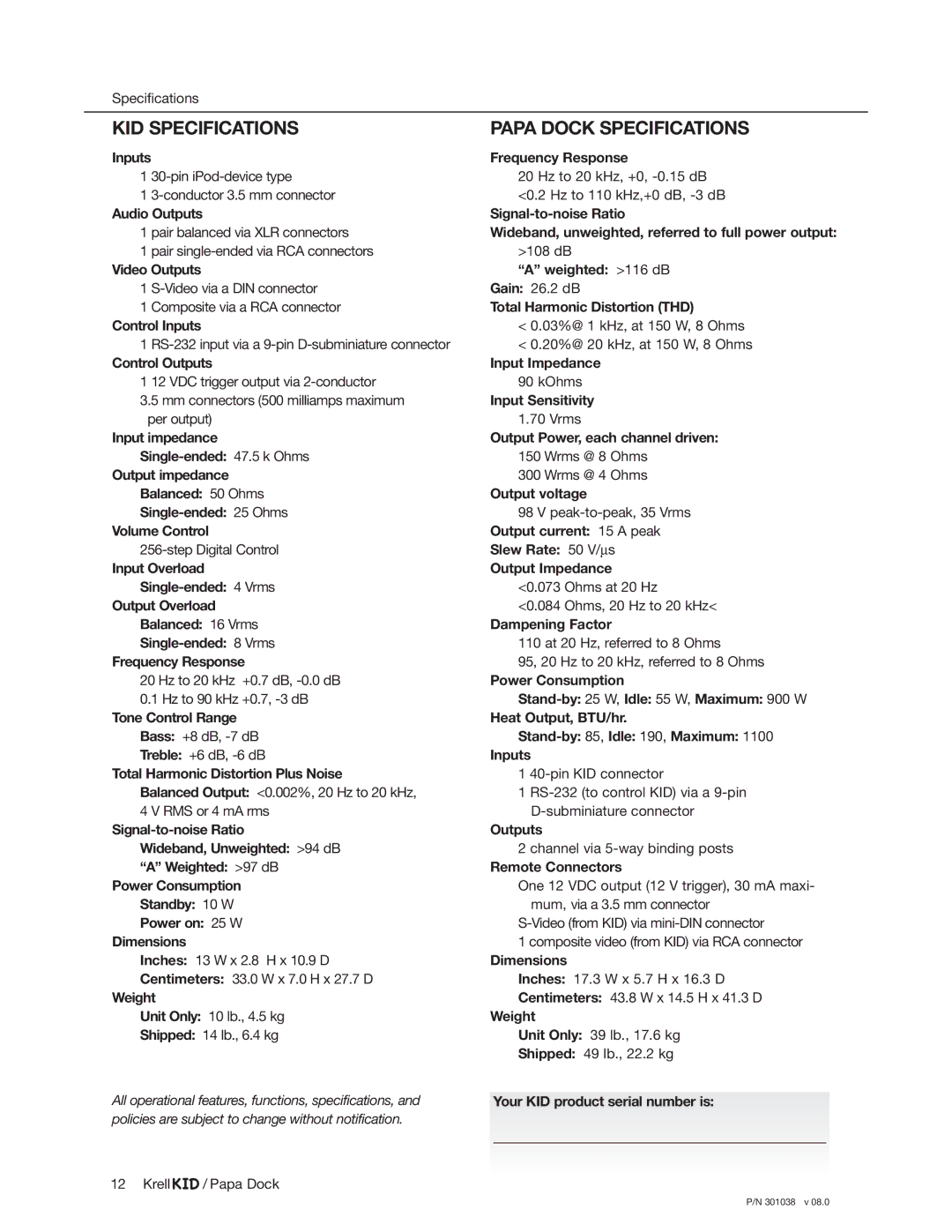 Krell Industries iPod Docking Station manual KID Specifications, Papa Dock Specifications 