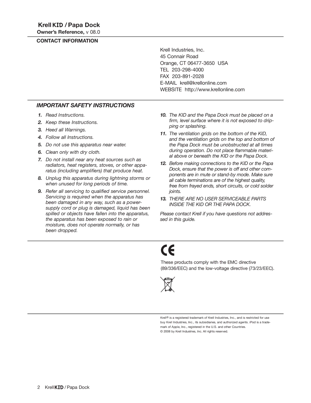 Krell Industries iPod Docking Station manual Krell / Papa Dock, Owner’s Reference, v 