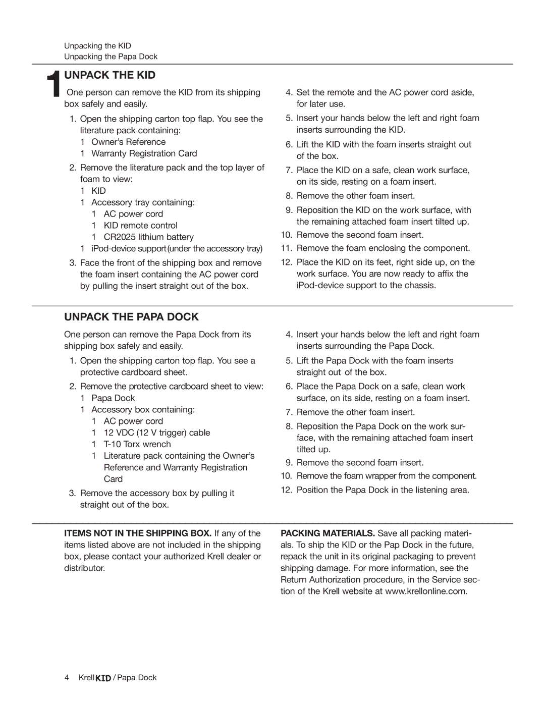 Krell Industries iPod Docking Station manual 1UNPACK the KID, Unpack the Papa Dock 