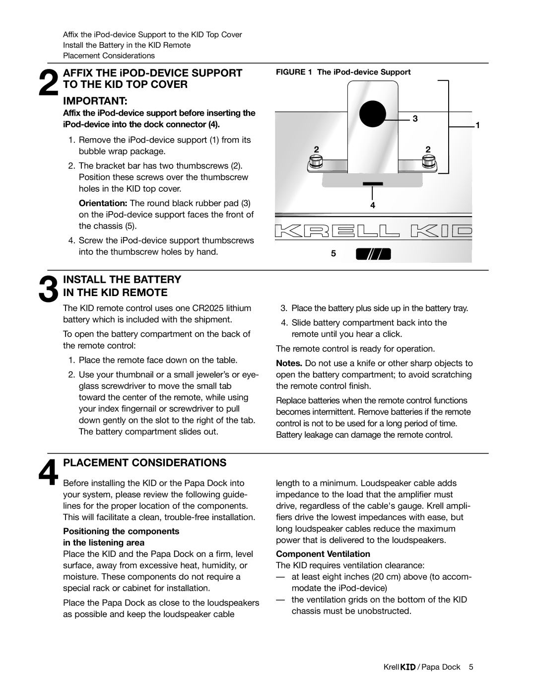 Krell Industries iPod Docking Station Install the Battery KID Remote, Positioning the components in the listening area 