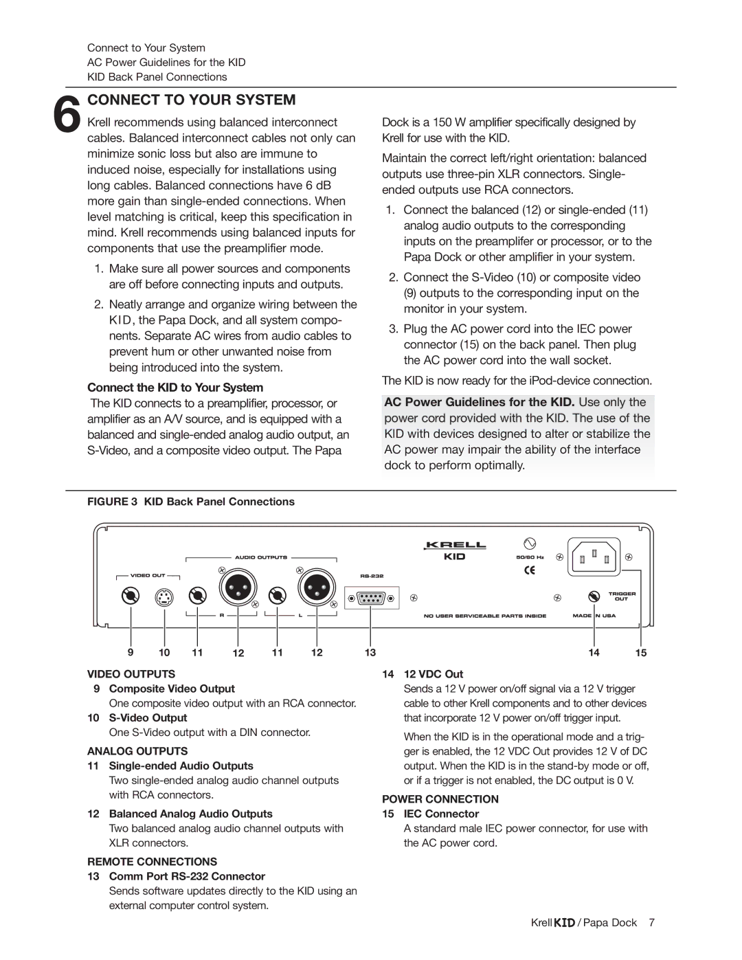 Krell Industries iPod Docking Station manual Connect to Your System, Connect the KID to Your System 