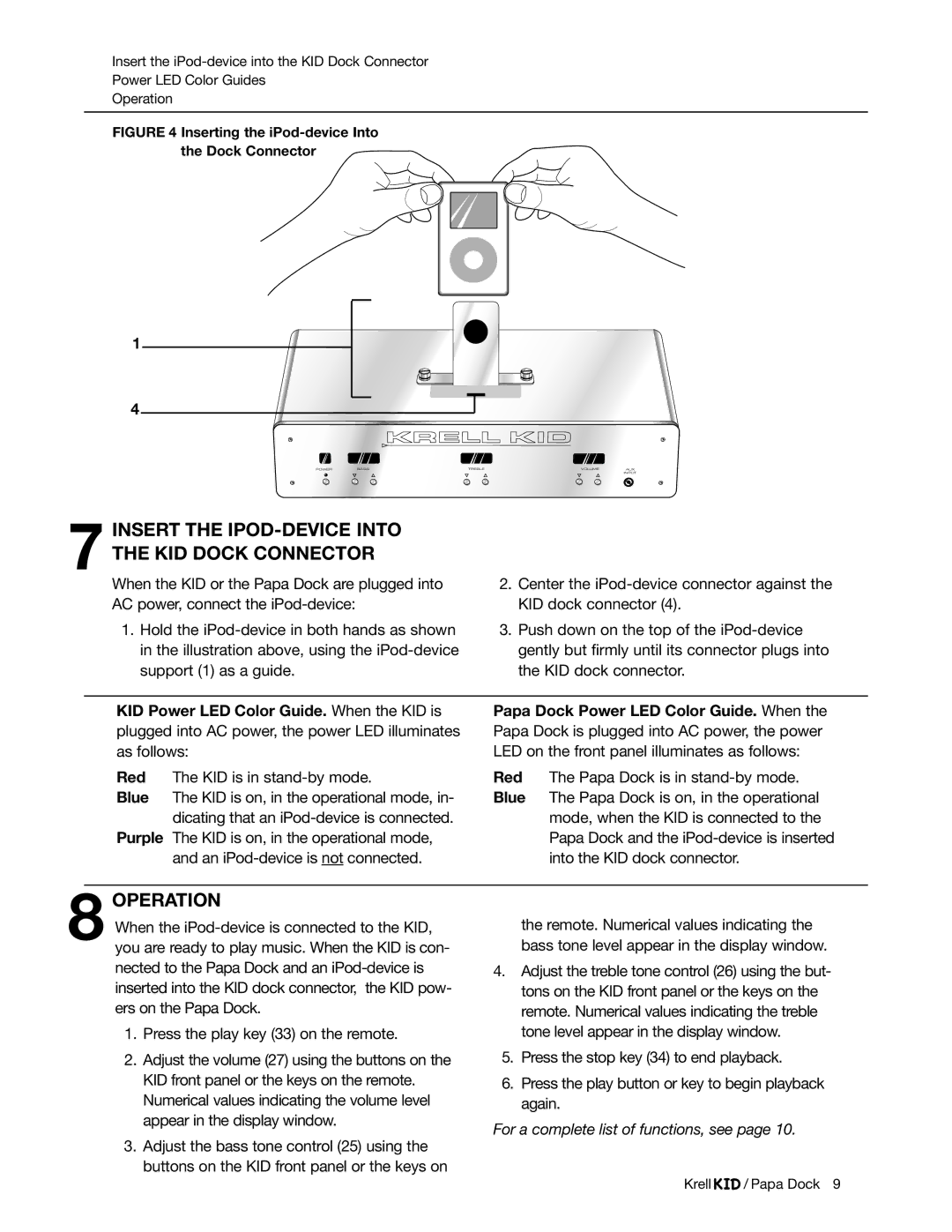 Krell Industries iPod Docking Station manual Operation, Inserting the iPod-device Into Dock Connector 