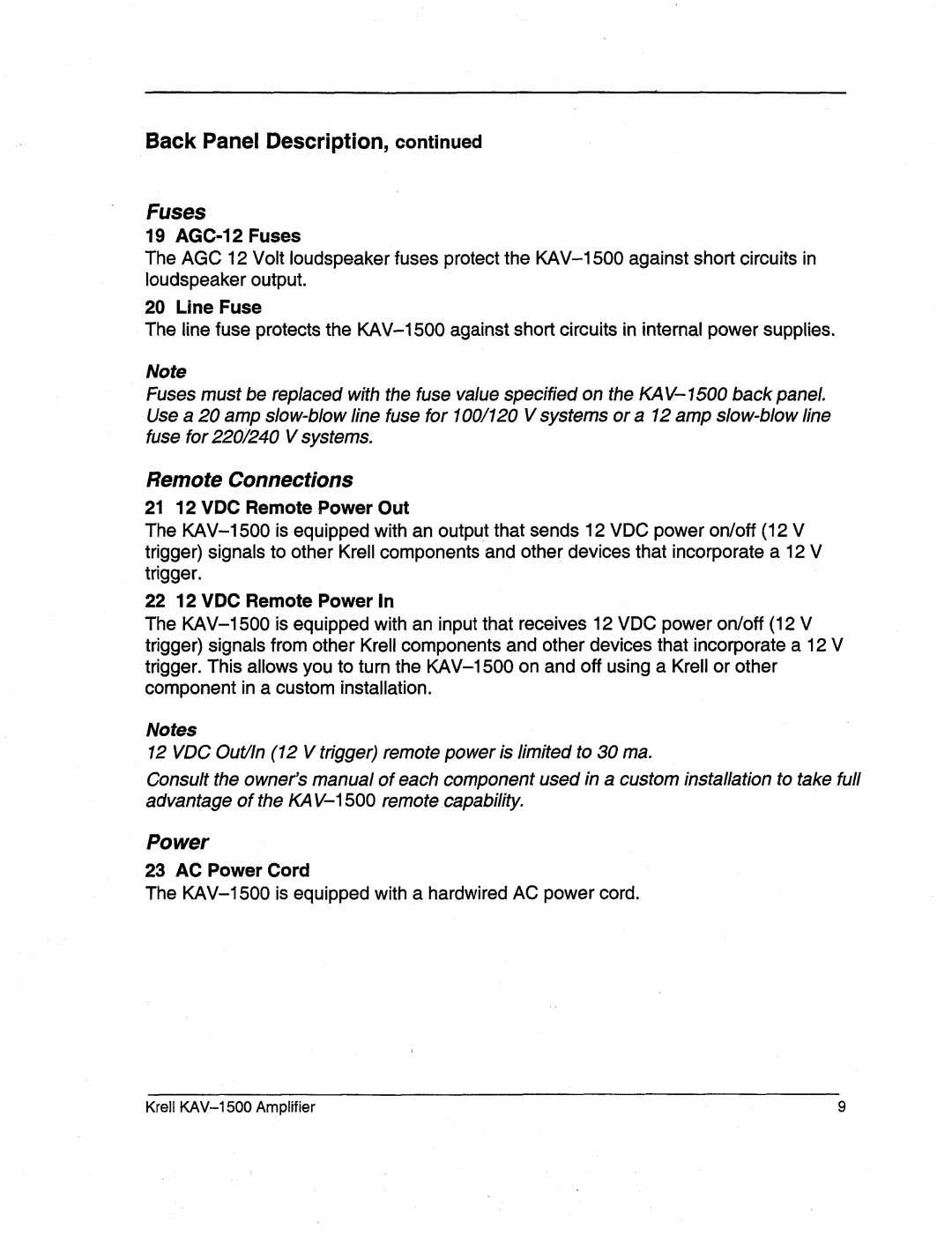 Krell Industries KAV-1500 manual AGC-12 Fuses, Line Fuse, 21 12 VDCRemotePower Out, 22 12 VDCRemotePower, AC Power Cord 