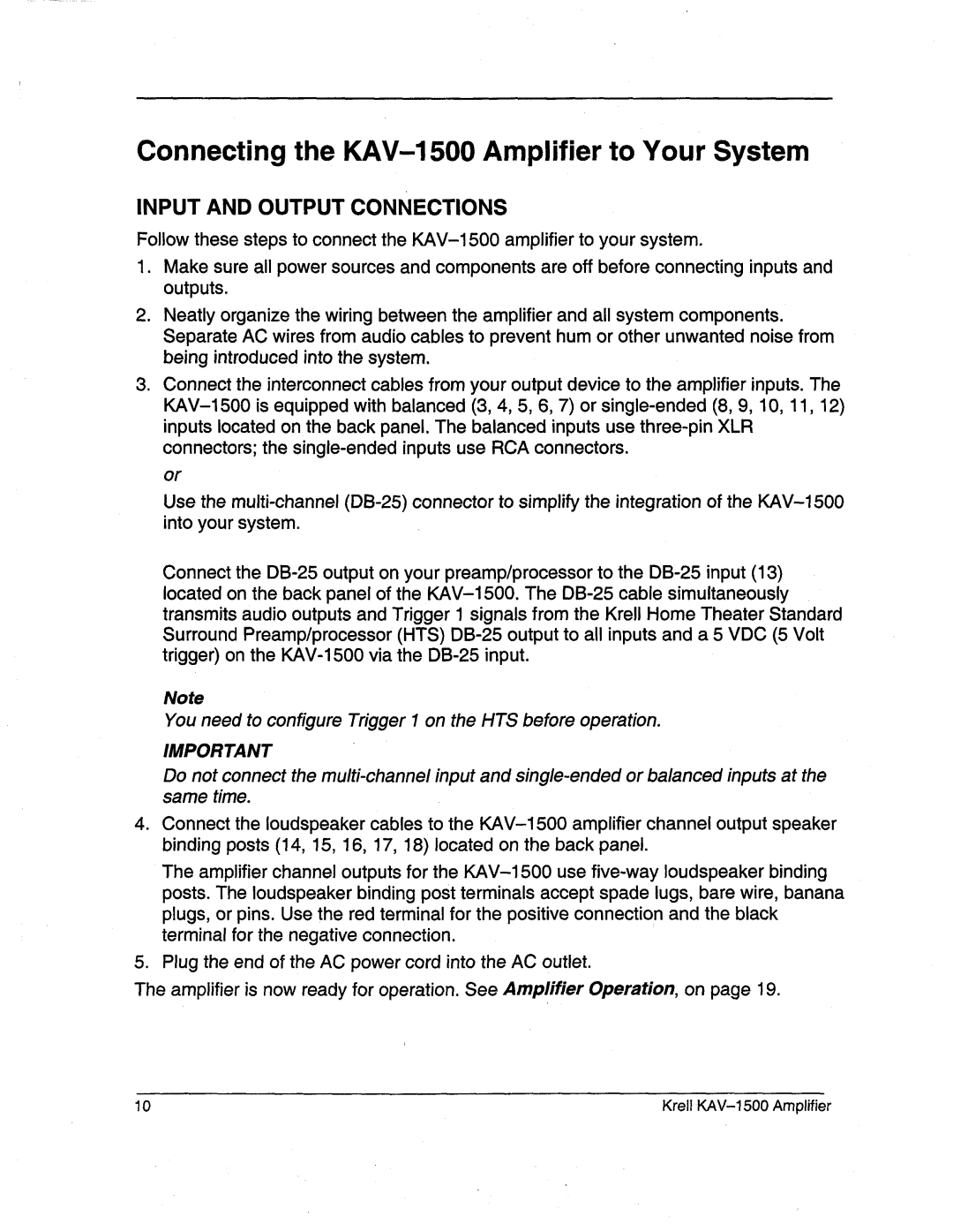 Krell Industries manual Connectingthe KAV-1500Amplifier to Your System, Input and Output Connections 