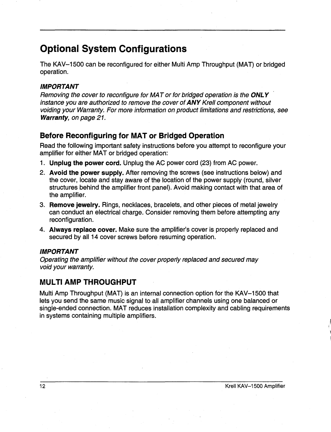 Krell Industries KAV-1500 manual Optional SystemConfigurations, Before Reconfiguringfor MATor Bridged Operation 