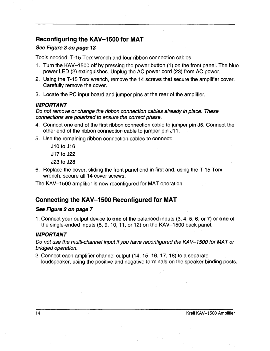 Krell Industries manual Reconfiguring the KAV-1500for MAT 