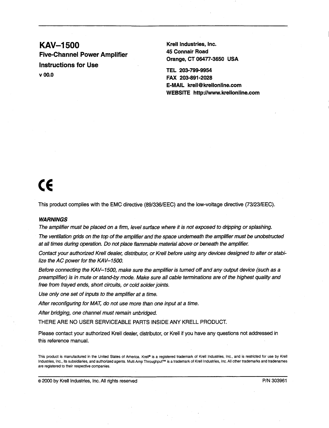 Krell Industries KAV-1500 manual Five-ChannelPowerAmplifier, Instructions for Use 