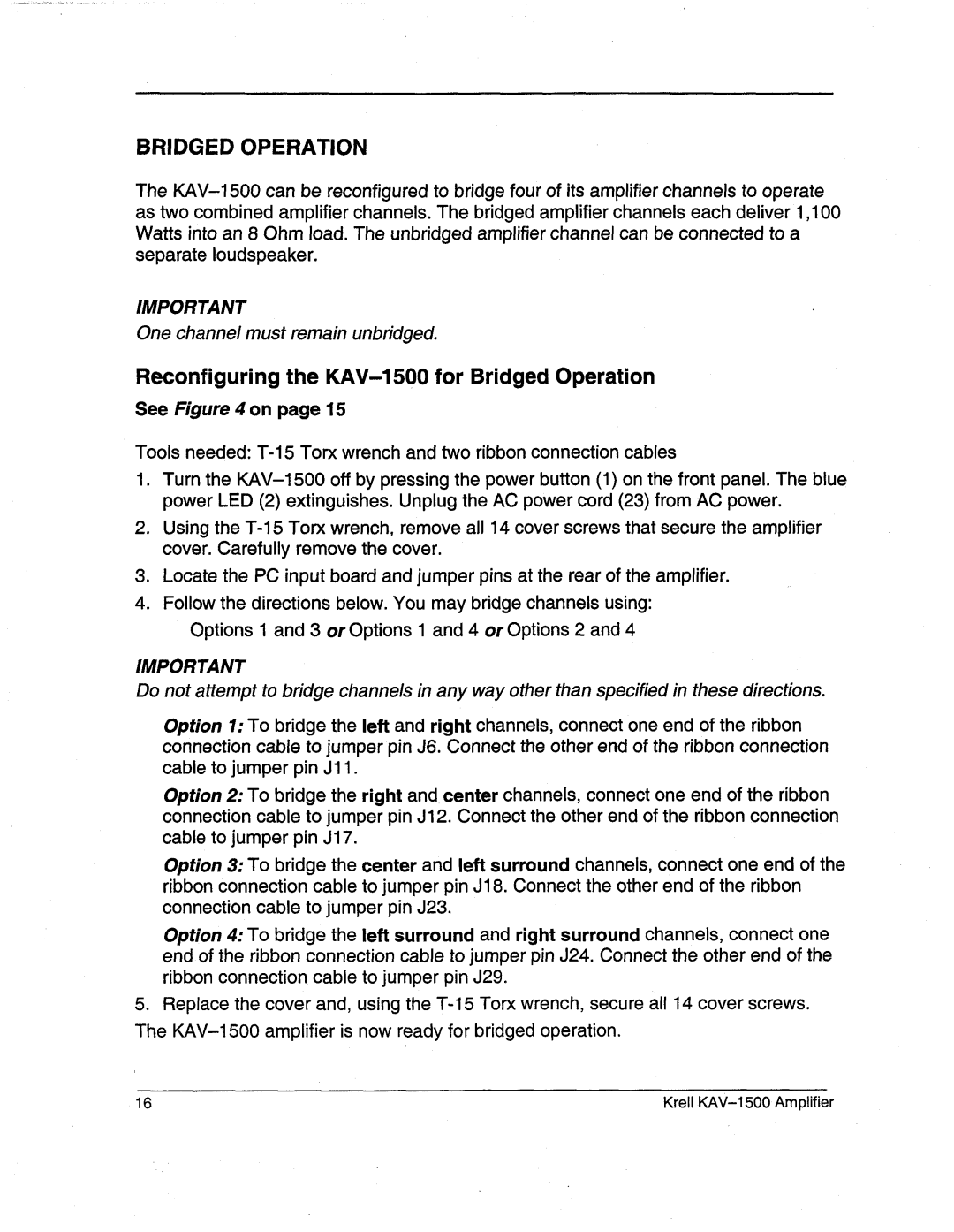 Krell Industries KAV-1500 manual Bridged Operation 