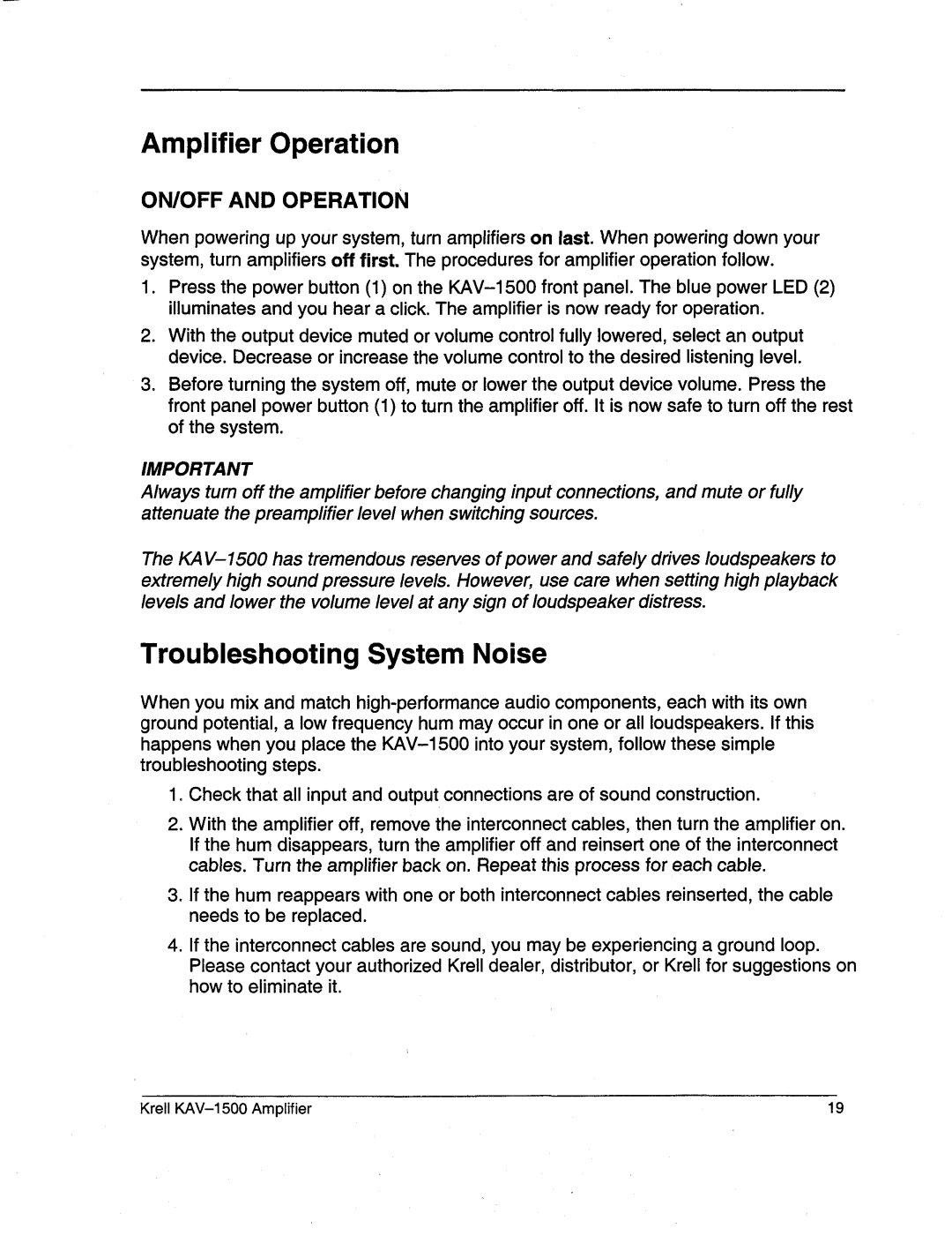 Krell Industries KAV-1500 manual Amplifier Operation, Troubleshooting SystemNoise 