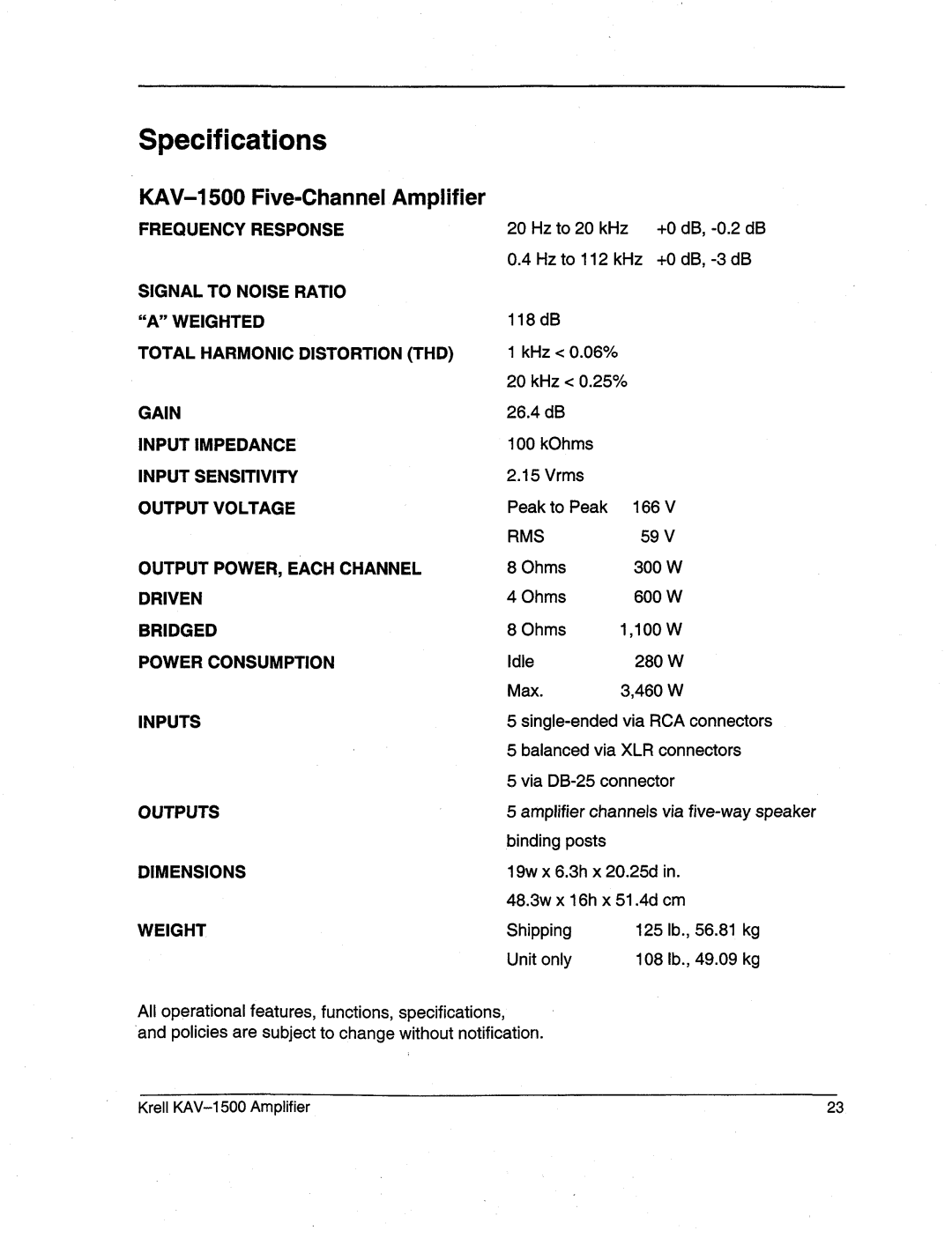 Krell Industries KAV-1500 manual Specifications 