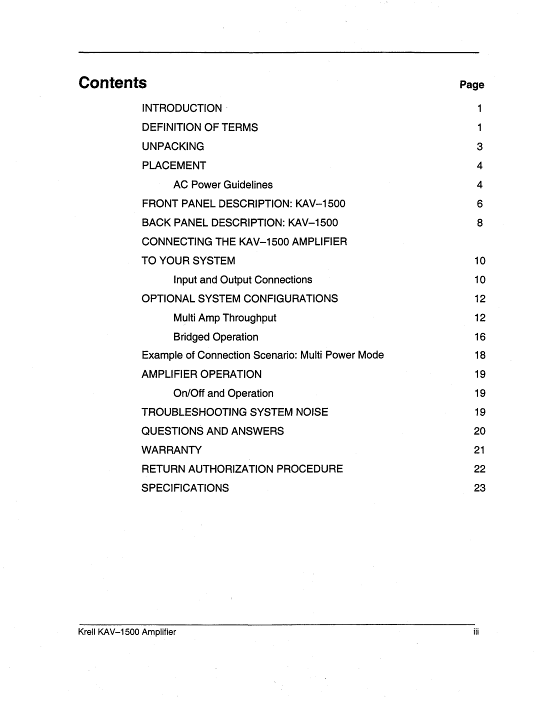 Krell Industries KAV-1500 manual ContentsPage 