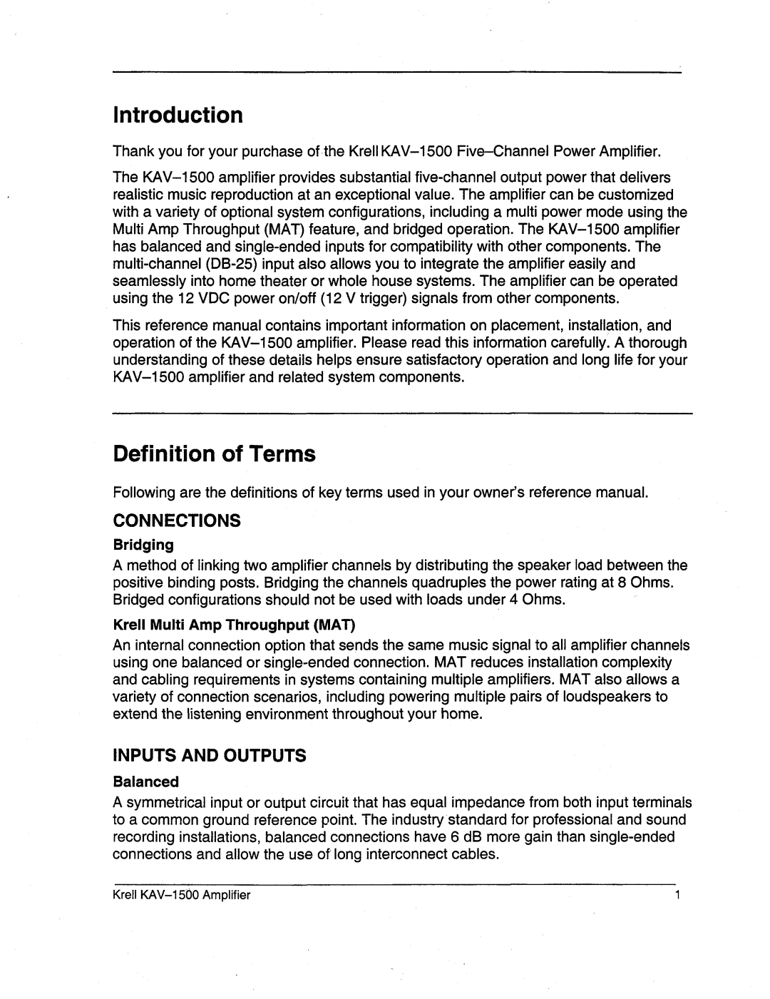 Krell Industries KAV-1500 manual Introduction, Definition of Terms 