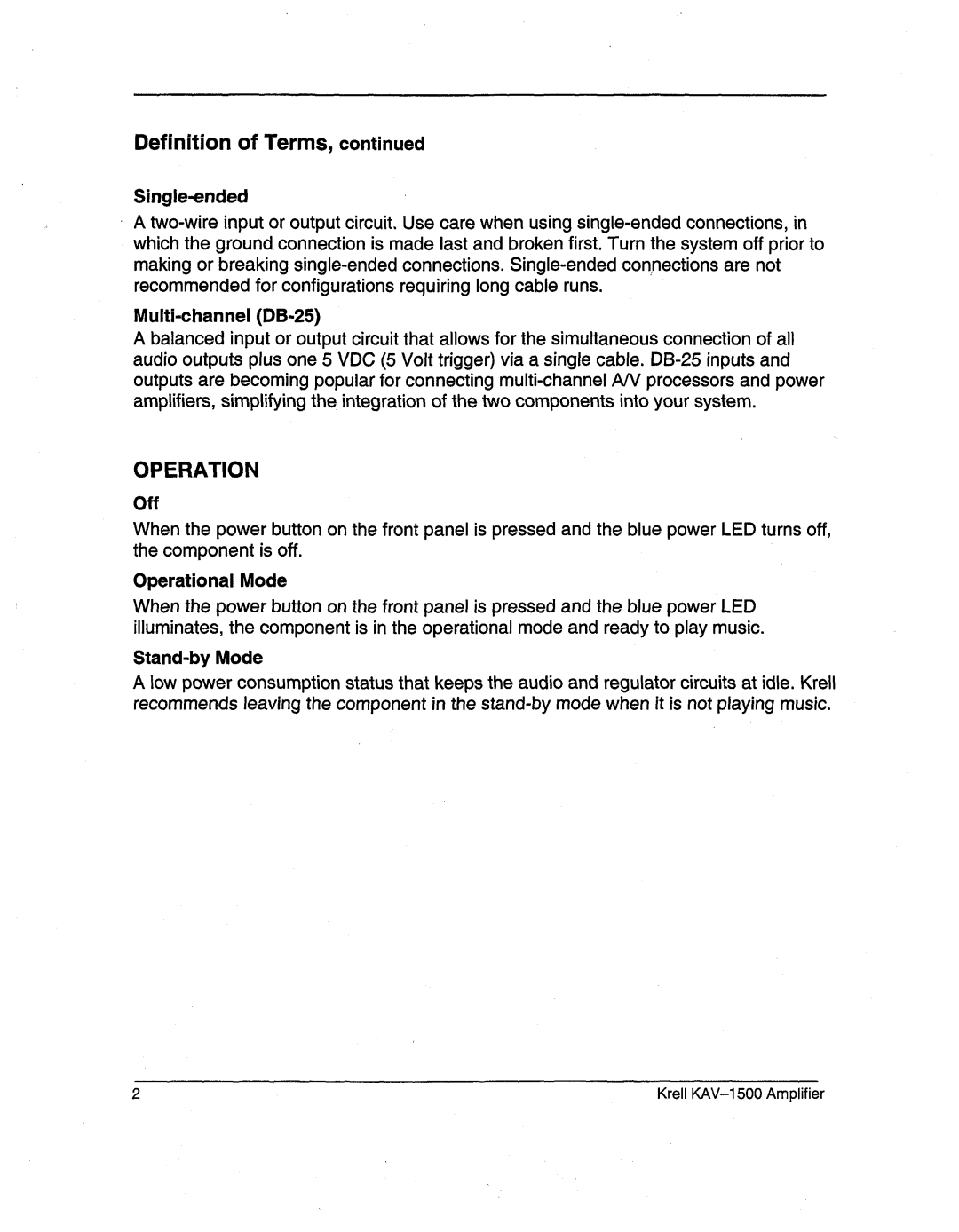 Krell Industries KAV-1500 Definition of Terms Single-ended, Multi-channel DB-25, Off, Operational Mode, Stand-by Mode 