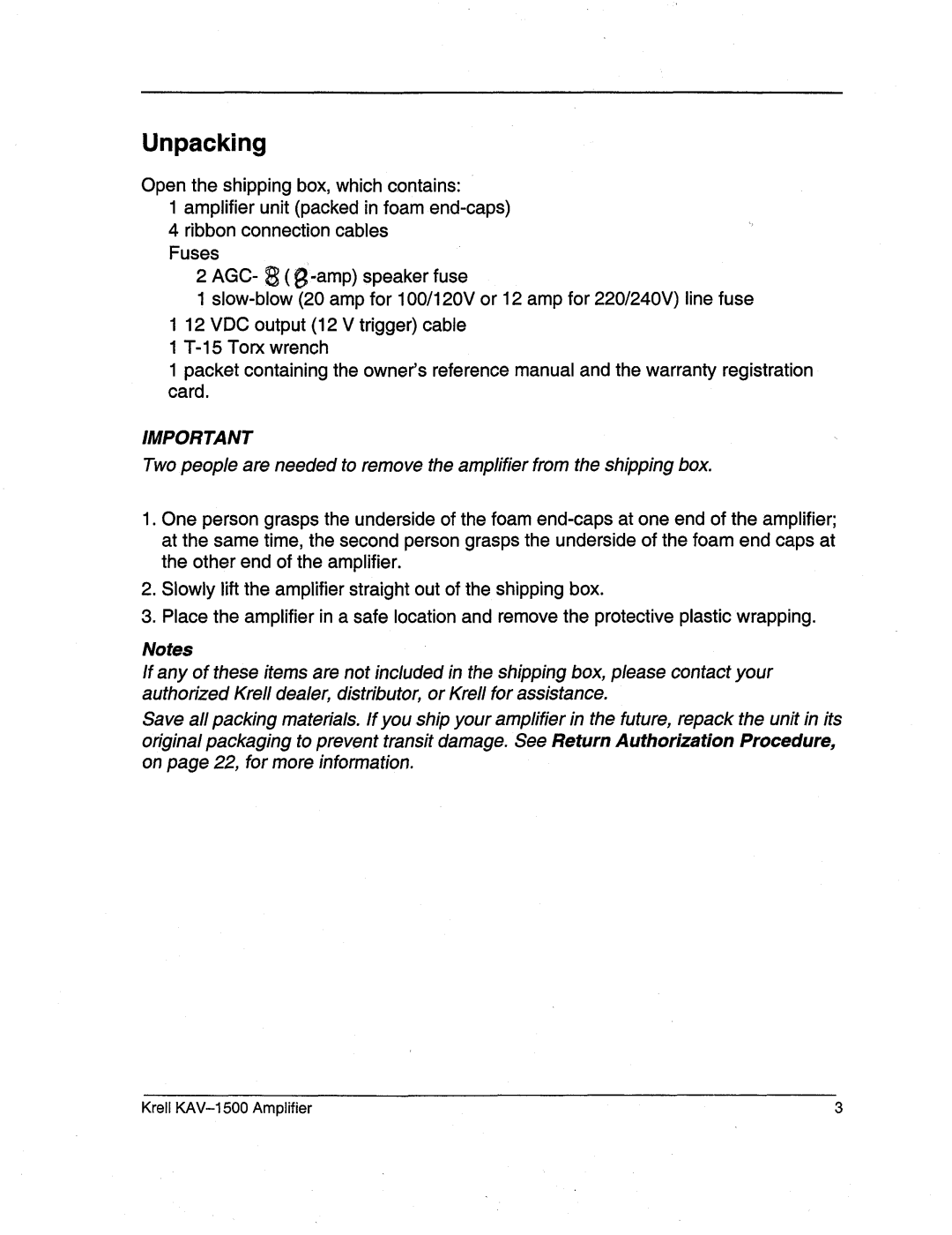 Krell Industries KAV-1500 manual Unpacking 