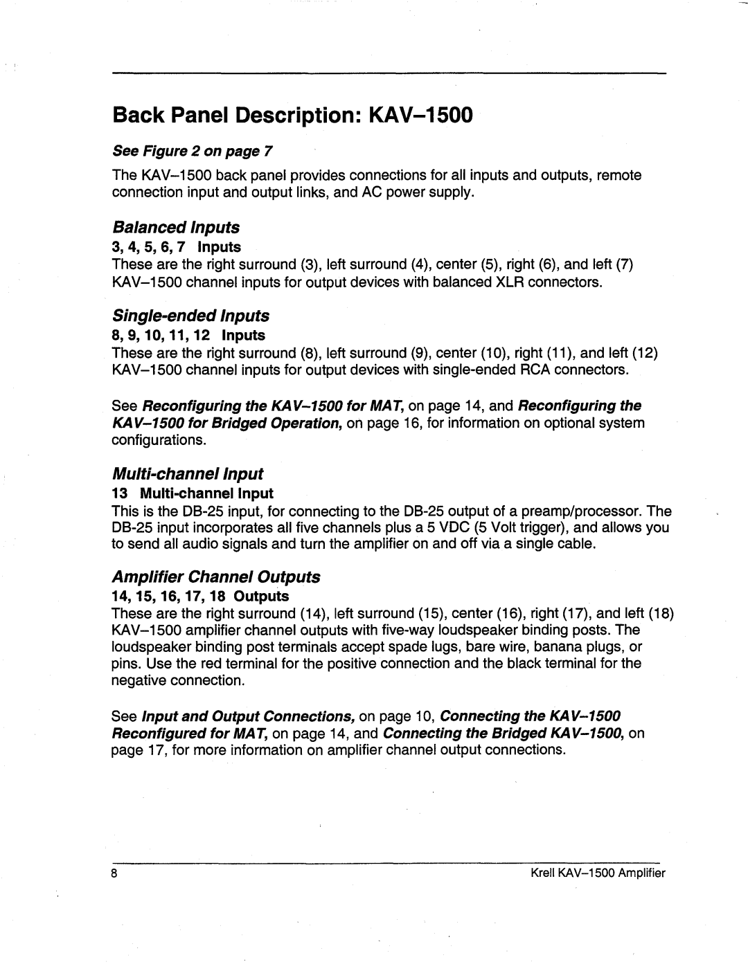 Krell Industries BackPanel Description KAV-1500, 8, 9, 10, 11, 12 Inputs, Multi-channelInput, SeeFigure 2 on page7 