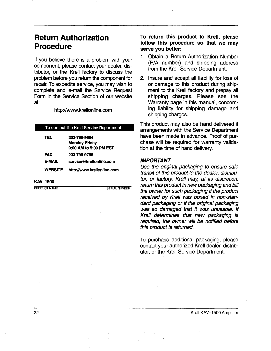 Krell Industries KAV-1500 manual ReturnAuthorization Procedure 