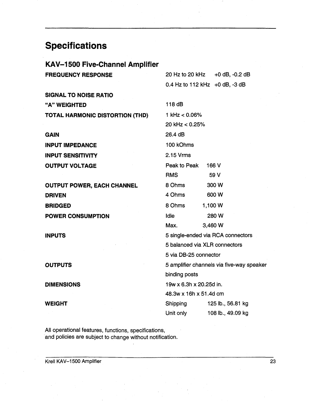 Krell Industries manual Specifications, KAV-1500Five-ChannelAmplifier 