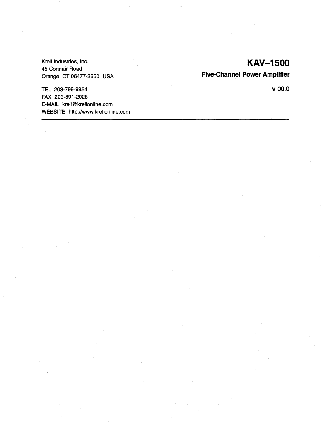 Krell Industries KAV-1500 manual Five-ChannelPowerAmplifier, KrellIndustries,Inc 45 Connair Road 