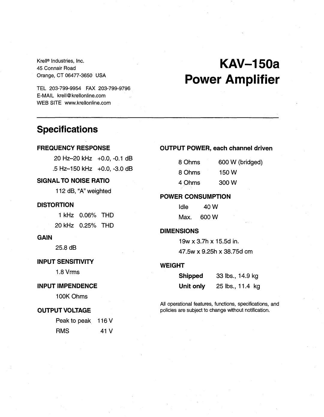 Krell Industries KAV-150a manual Specifications 