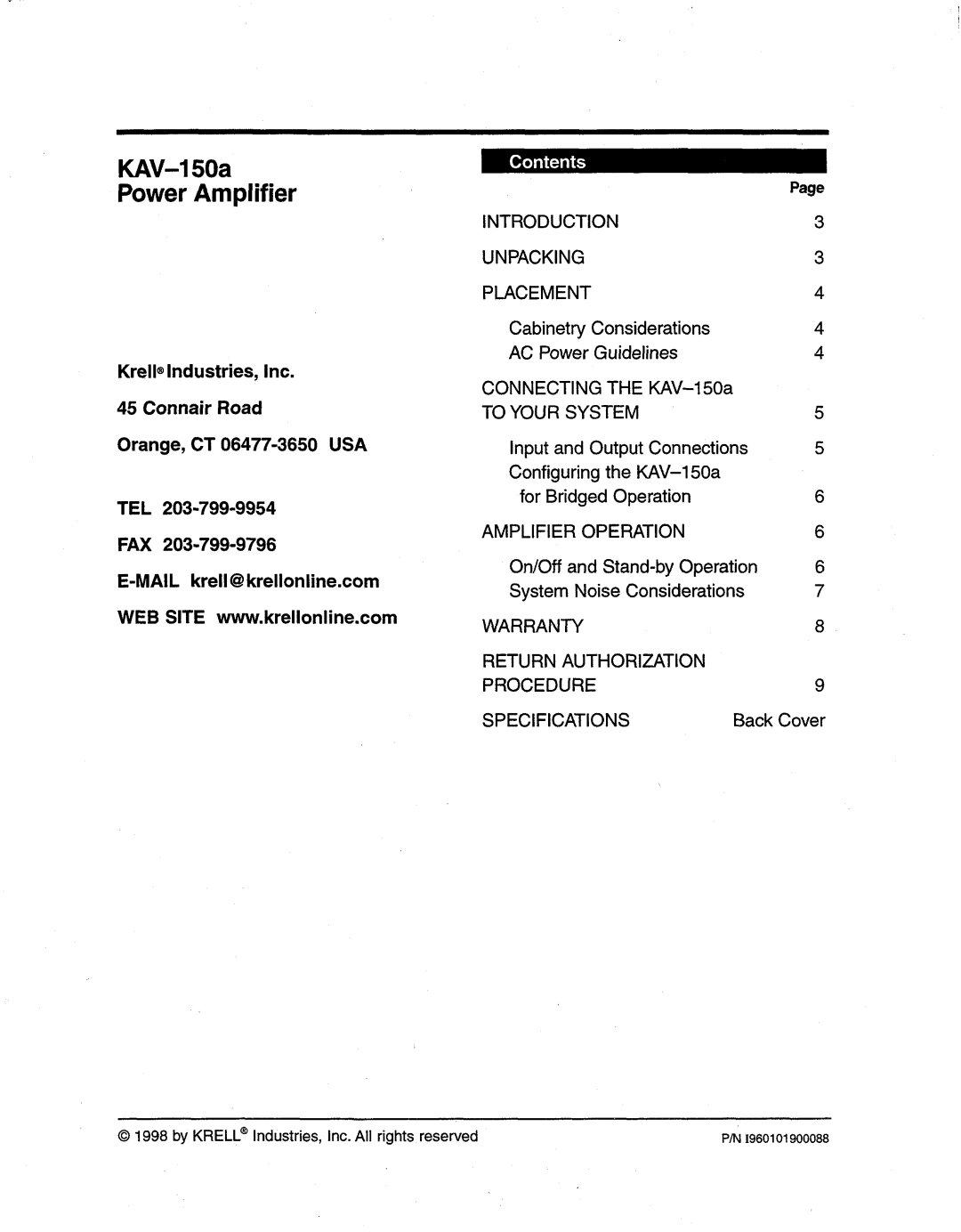 Krell Industries manual KAV-150a PowerAmplifier 