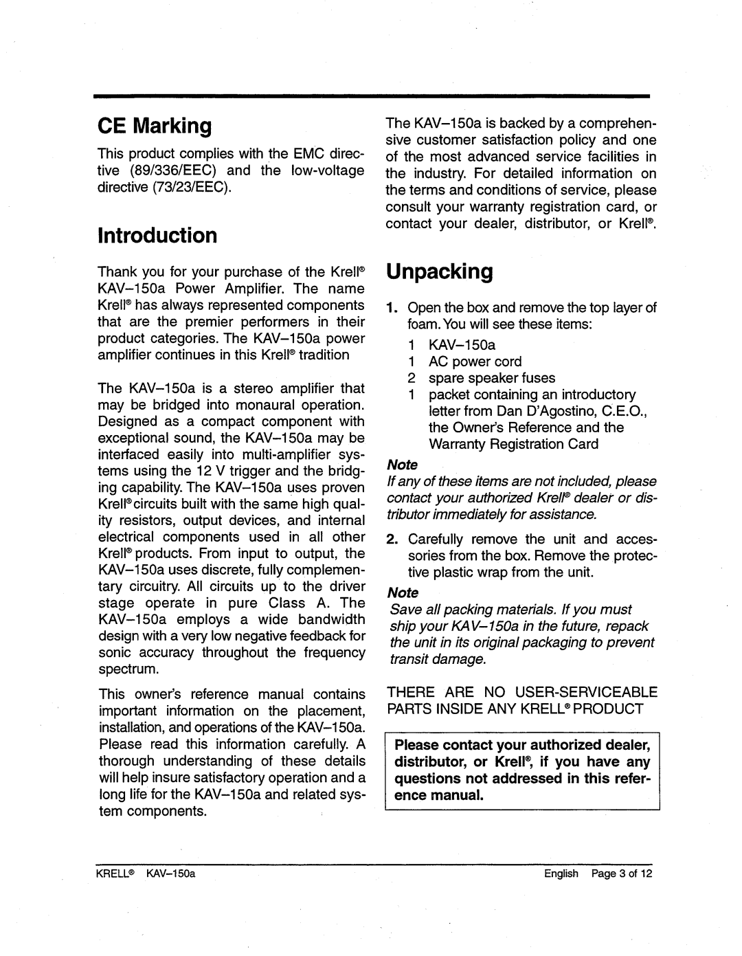 Krell Industries KAV-150a manual CE Marking, Introduction, Unpacking 