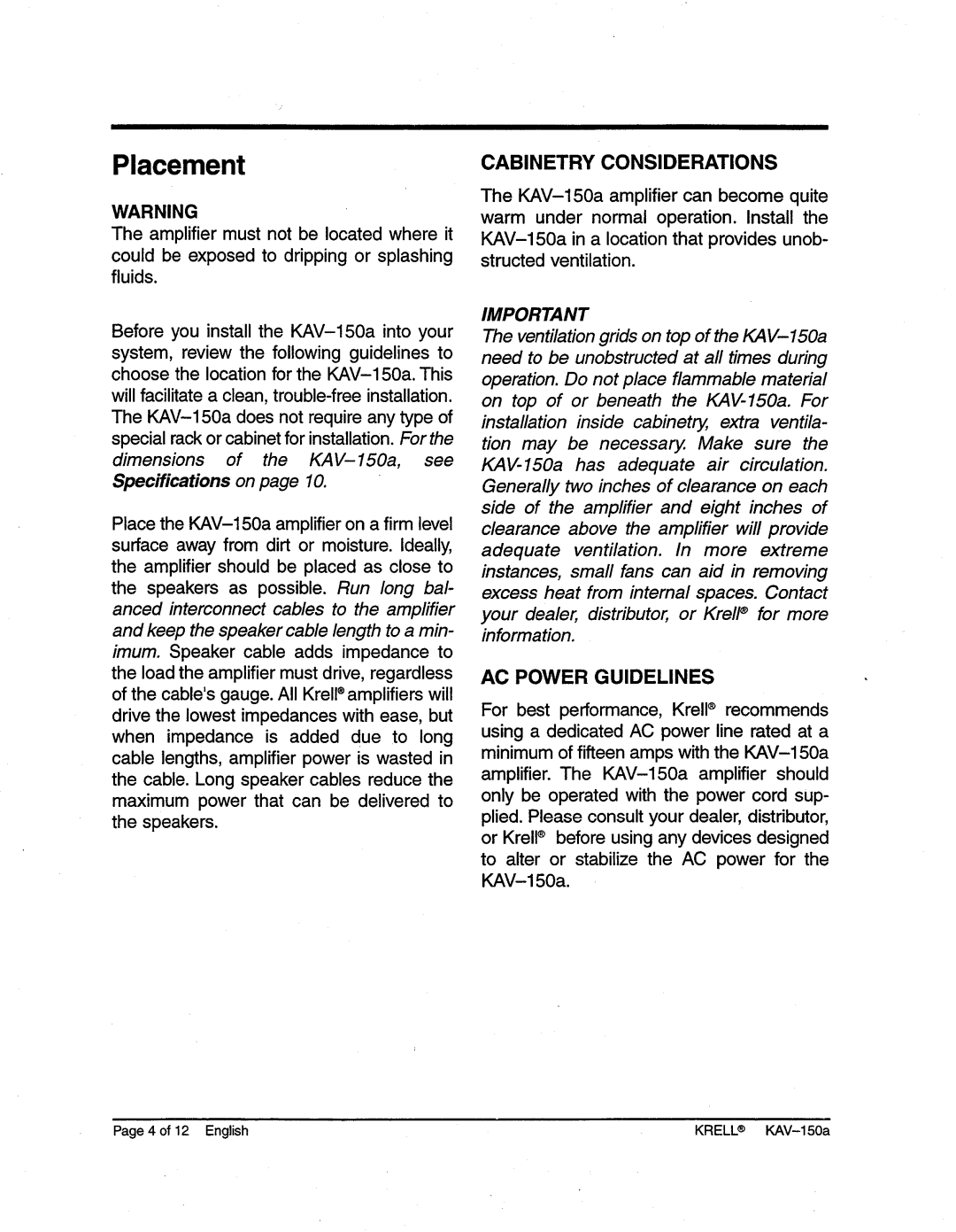 Krell Industries KAV-150a manual Placement, Cabinetry Considerations, AC Power Guidelines 