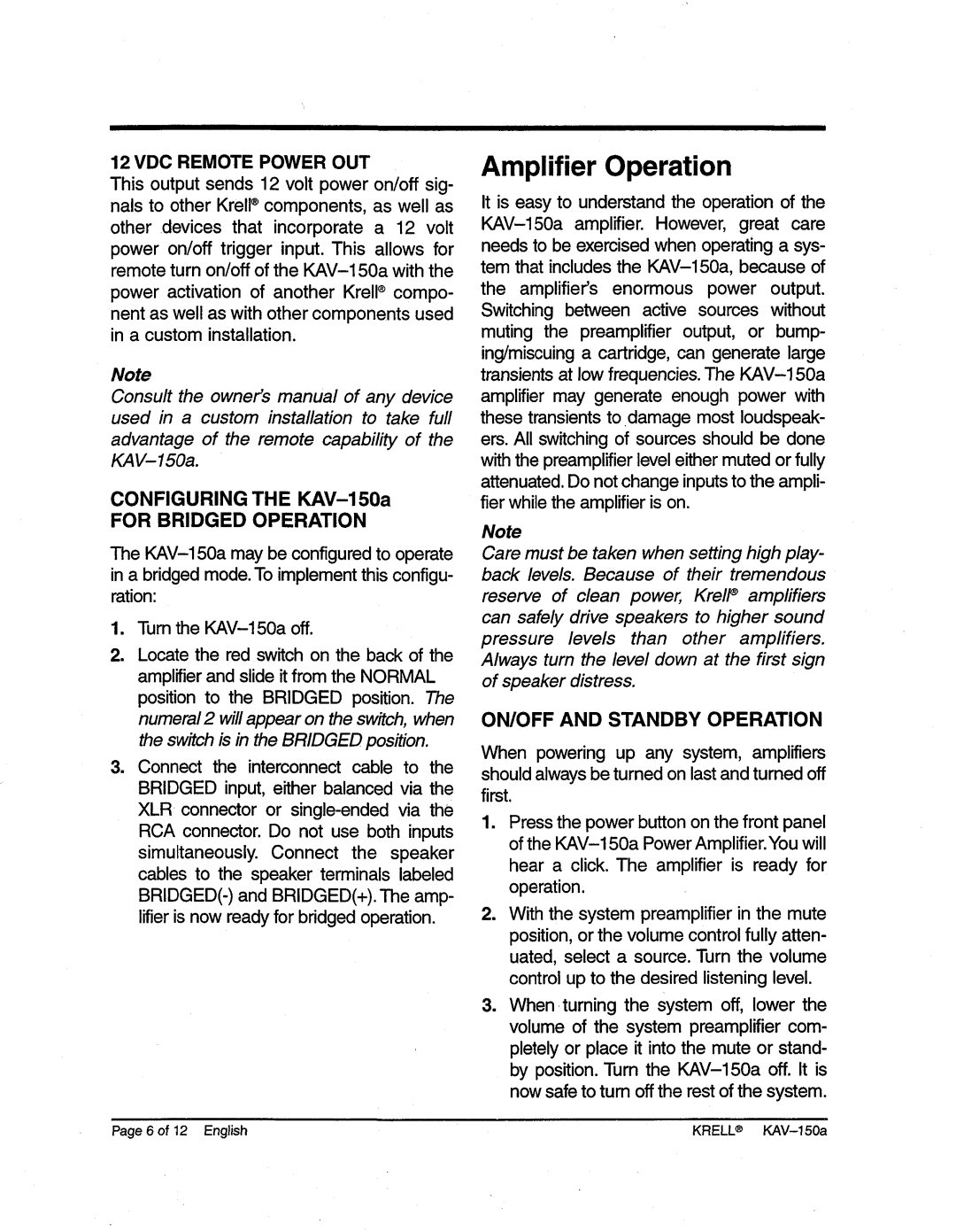 Krell Industries KAV-150a Amplifier Operation, VDC Remotepowerout, For Bridged Operation, ON/OFF and Standby Operation 