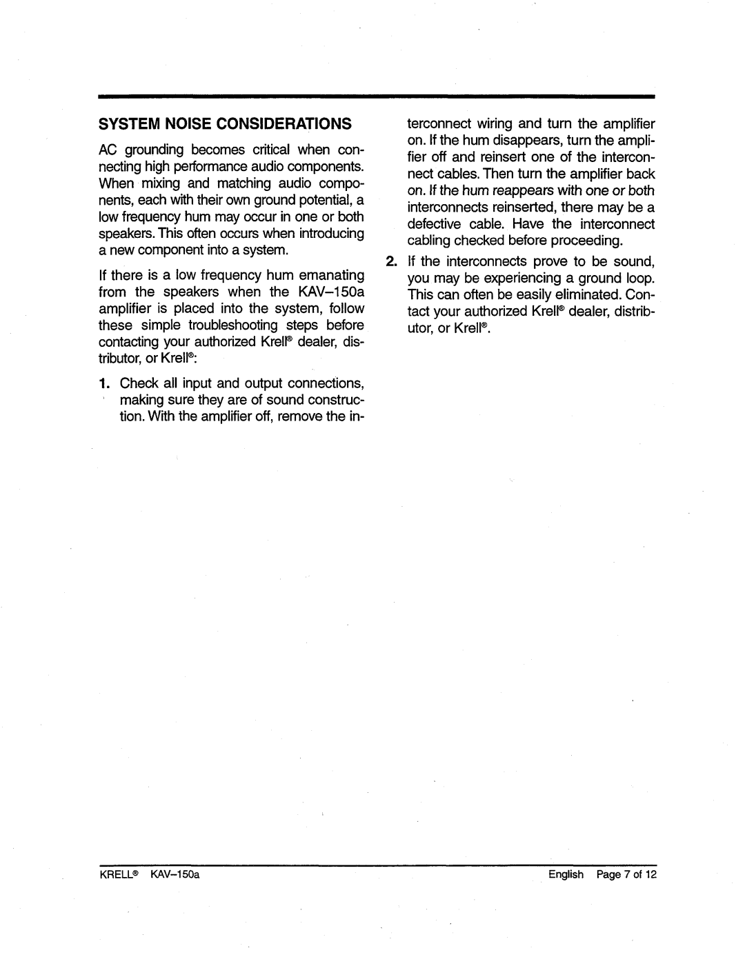 Krell Industries KAV-150a manual System Noise Considerations 