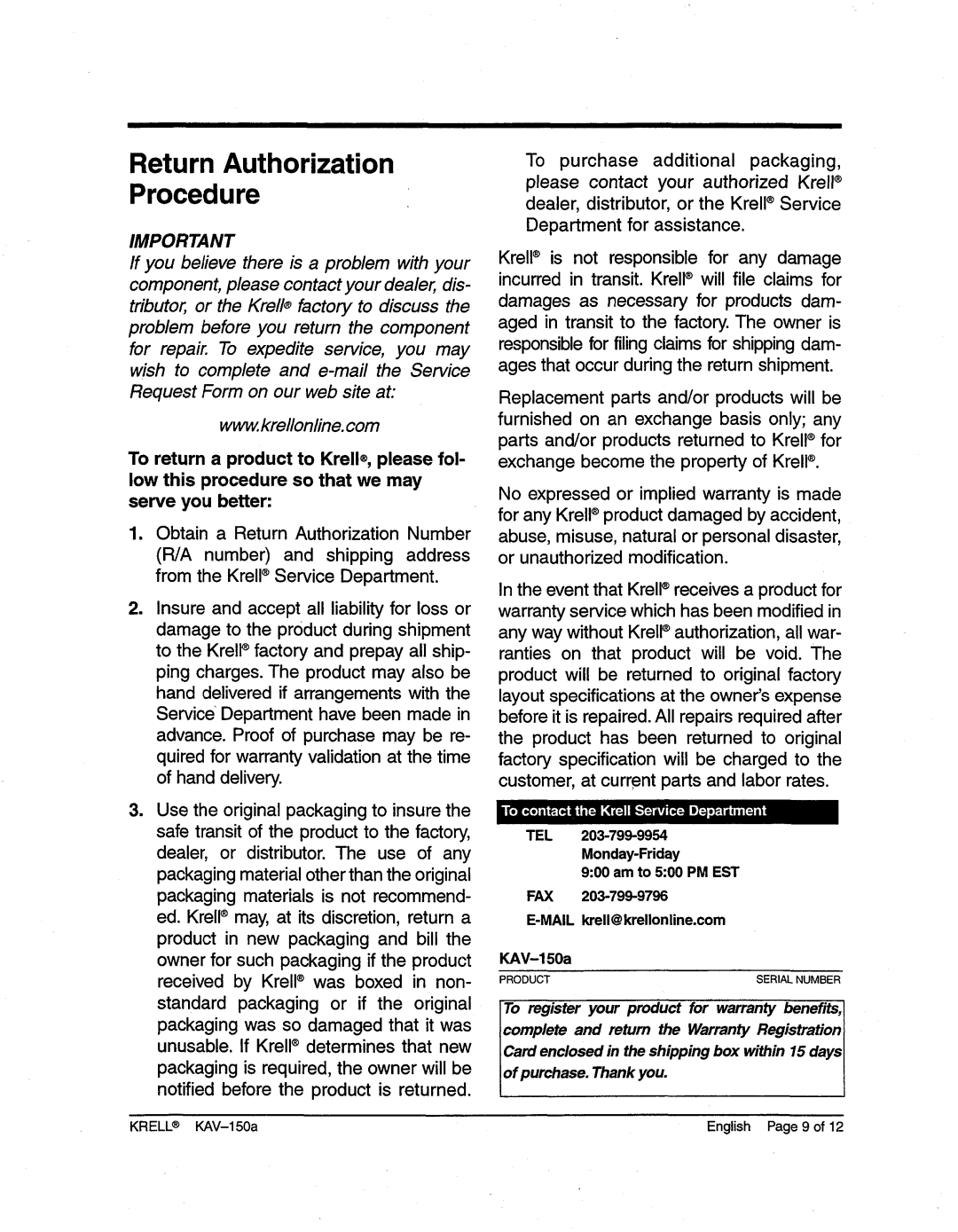 Krell Industries KAV-150a manual ReturnAuthorization Procedure 