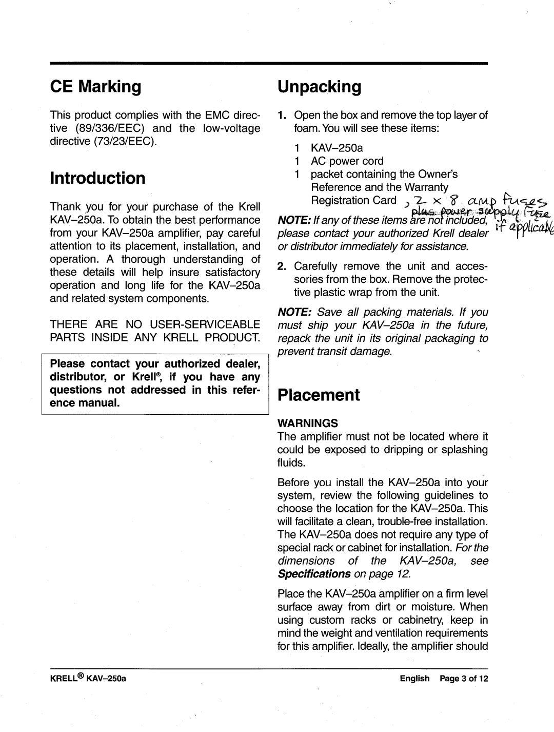 Krell Industries KAV-250a manual CE MarkingUnpacking, Introduction, Placement 