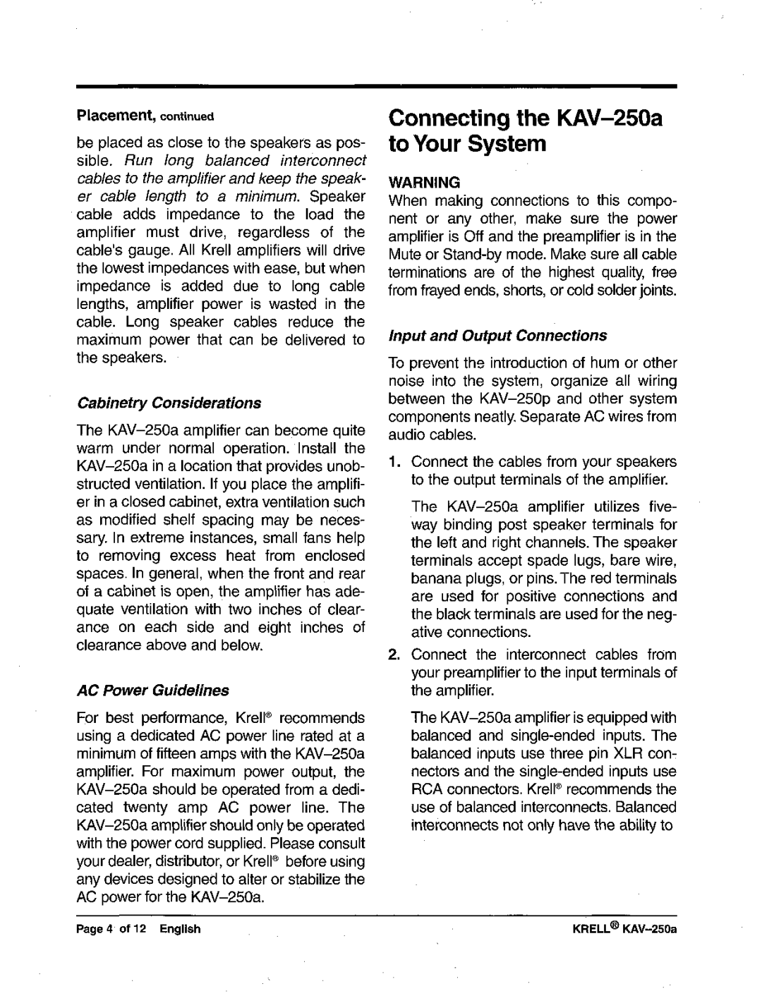 Krell Industries manual Connecting the KAV-250a to Your System 