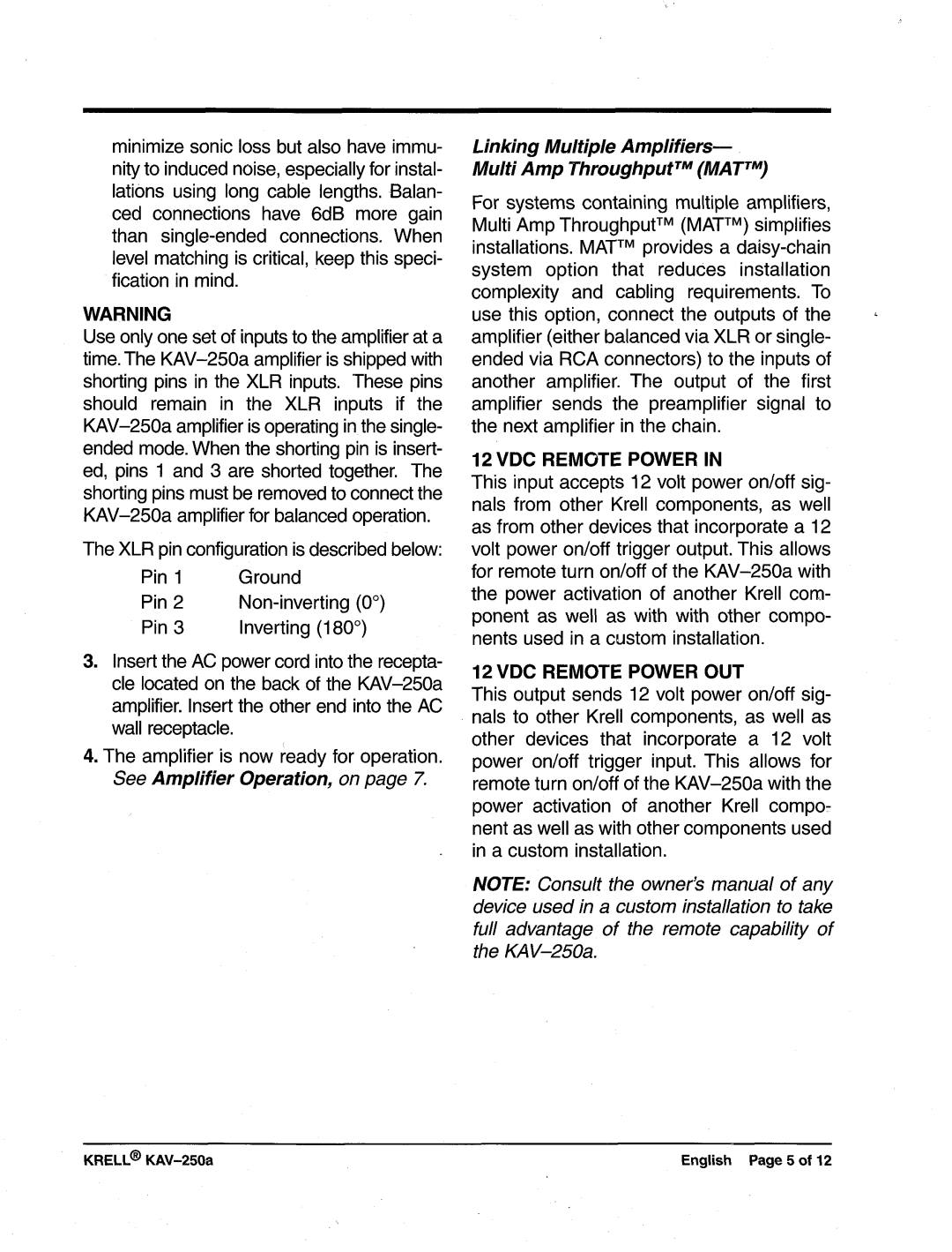 Krell Industries KAV-250a manual Linking Multiple Amplifiers TM Ti Multi AmpThroughput MAT 