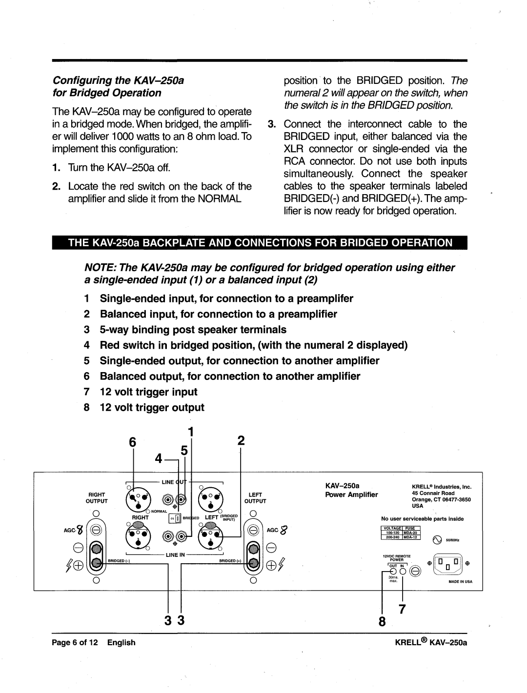 Krell Industries manual KAV-250a Backplateand Connectionsfor Bridged Operatin 