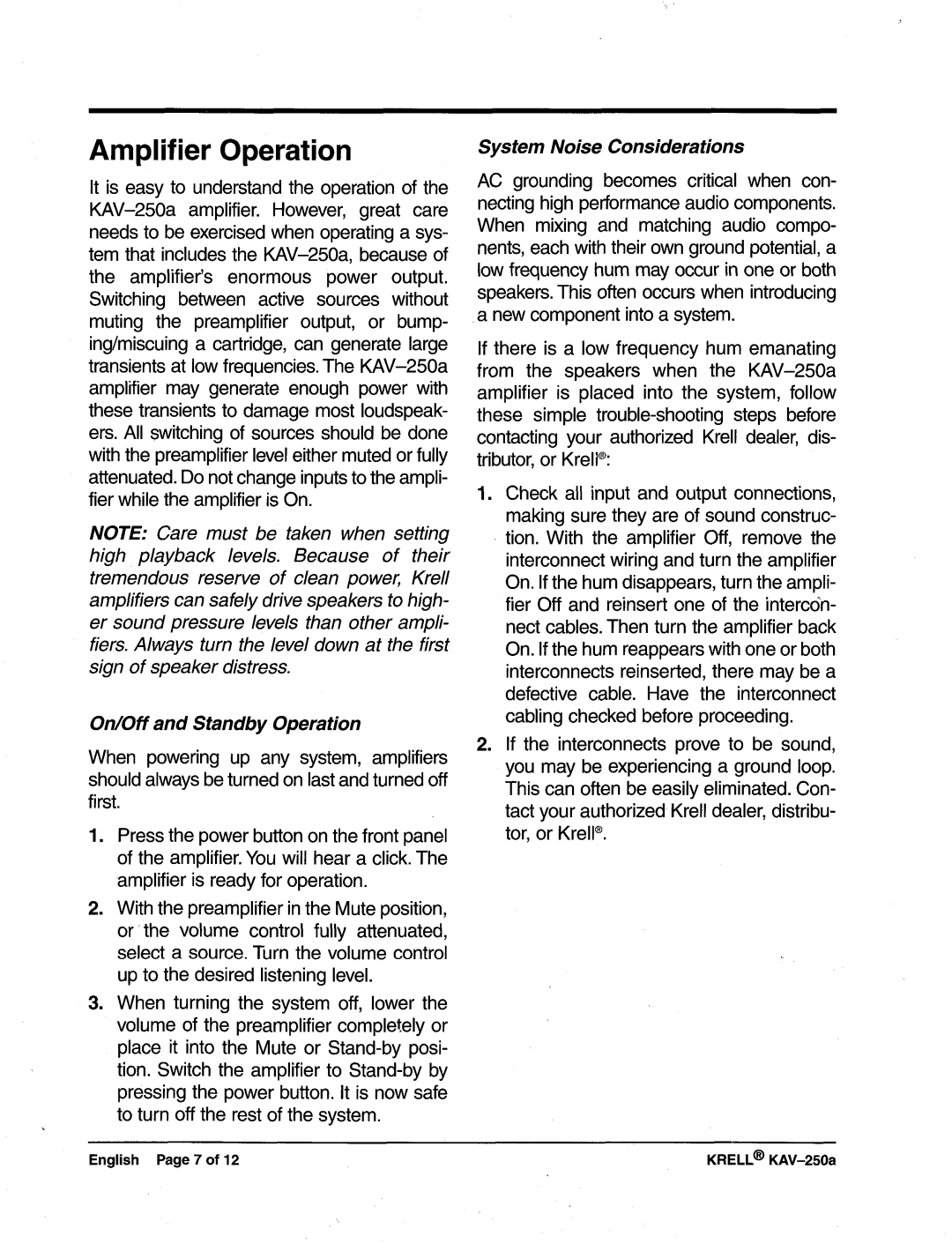 Krell Industries KAV-250a manual Amplifier Operation, SystemNoise Considerations 