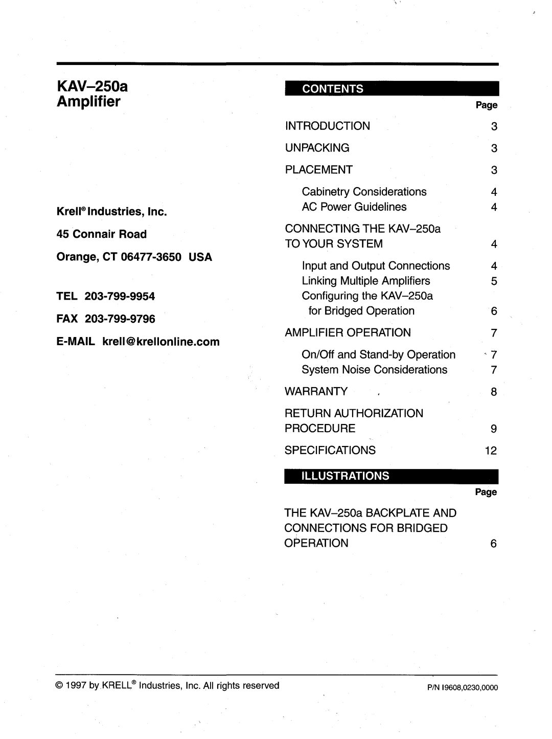 Krell Industries KAV-250a Amplifier, KrelPIndustries, Inc 45 Connair Road, Orange, CT 06477-3650USA TEL, Contents, Page 