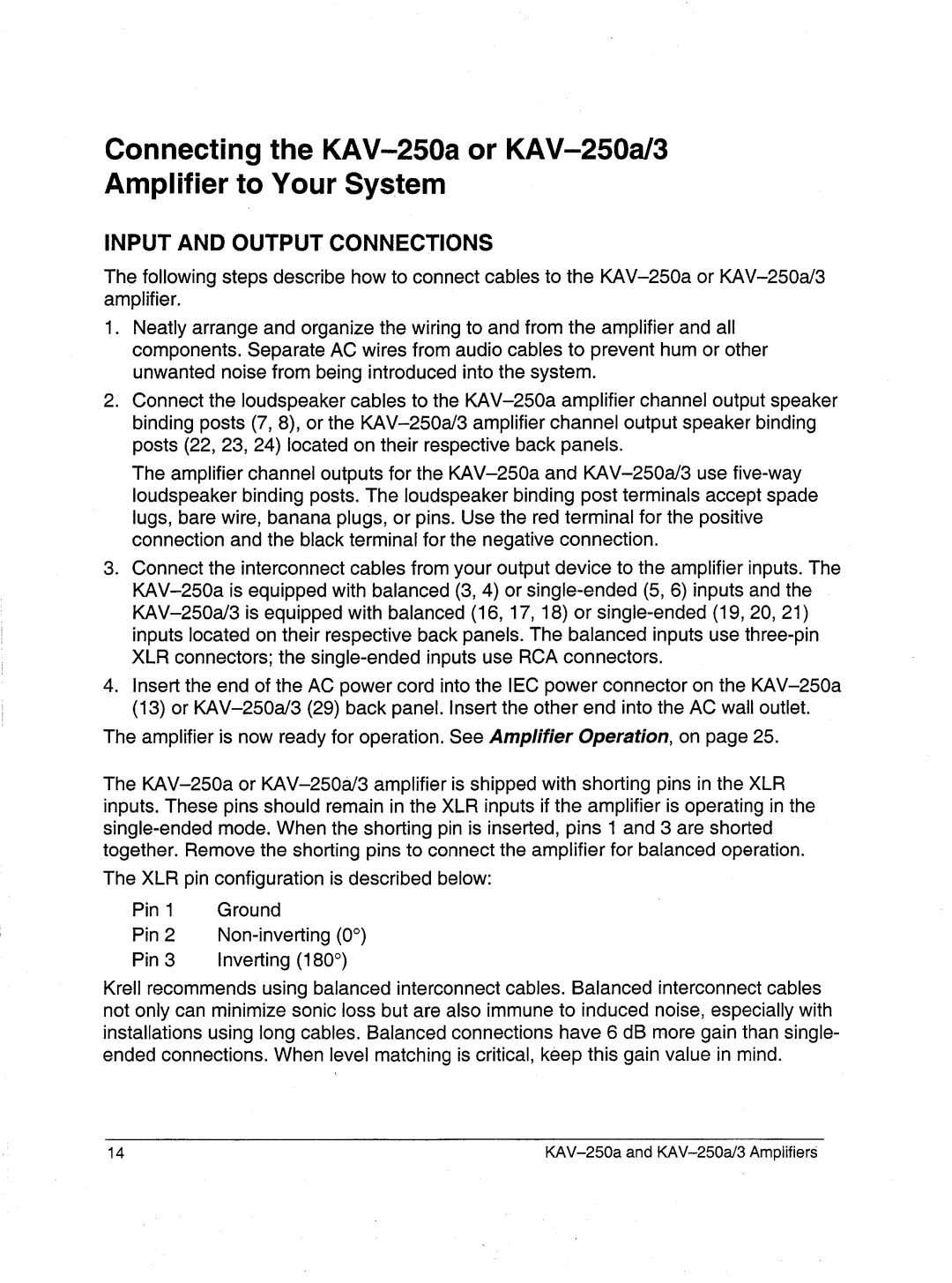 Krell Industries KAV-250a/3 manual Input and Output Connections 