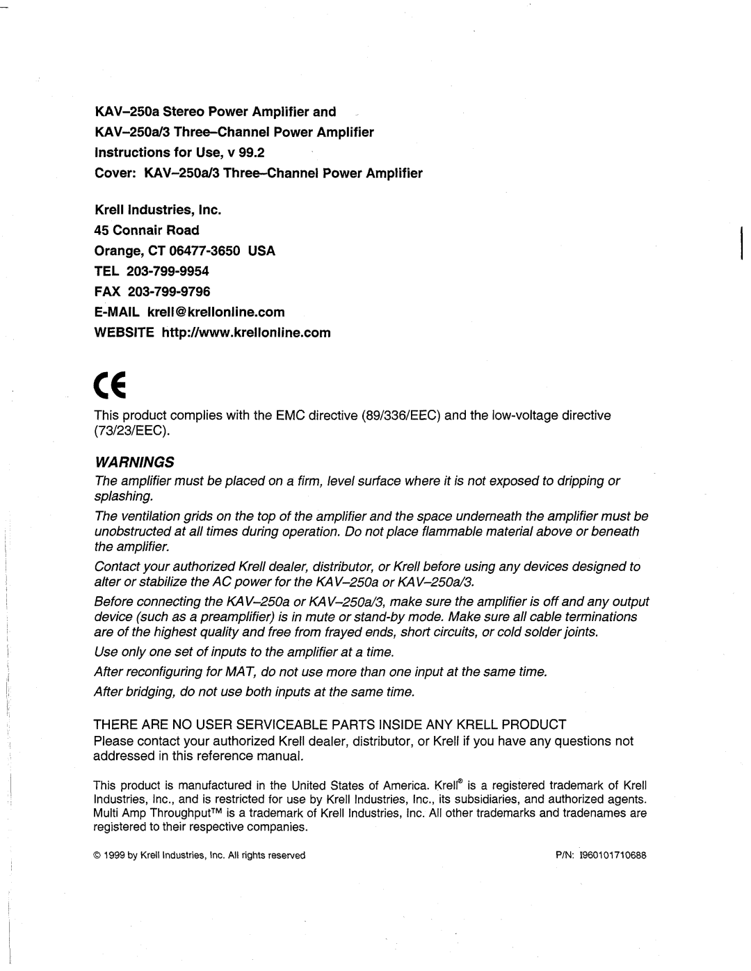 Krell Industries KAV-250a/3 manual 1999byKrell Industries, Inc. All rights reserved 