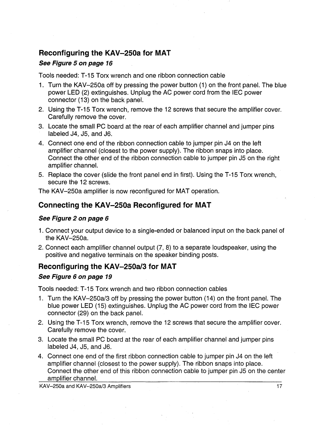 Krell Industries KAV-250a/3 manual Reconfiguring the KAV-250afor MAT 