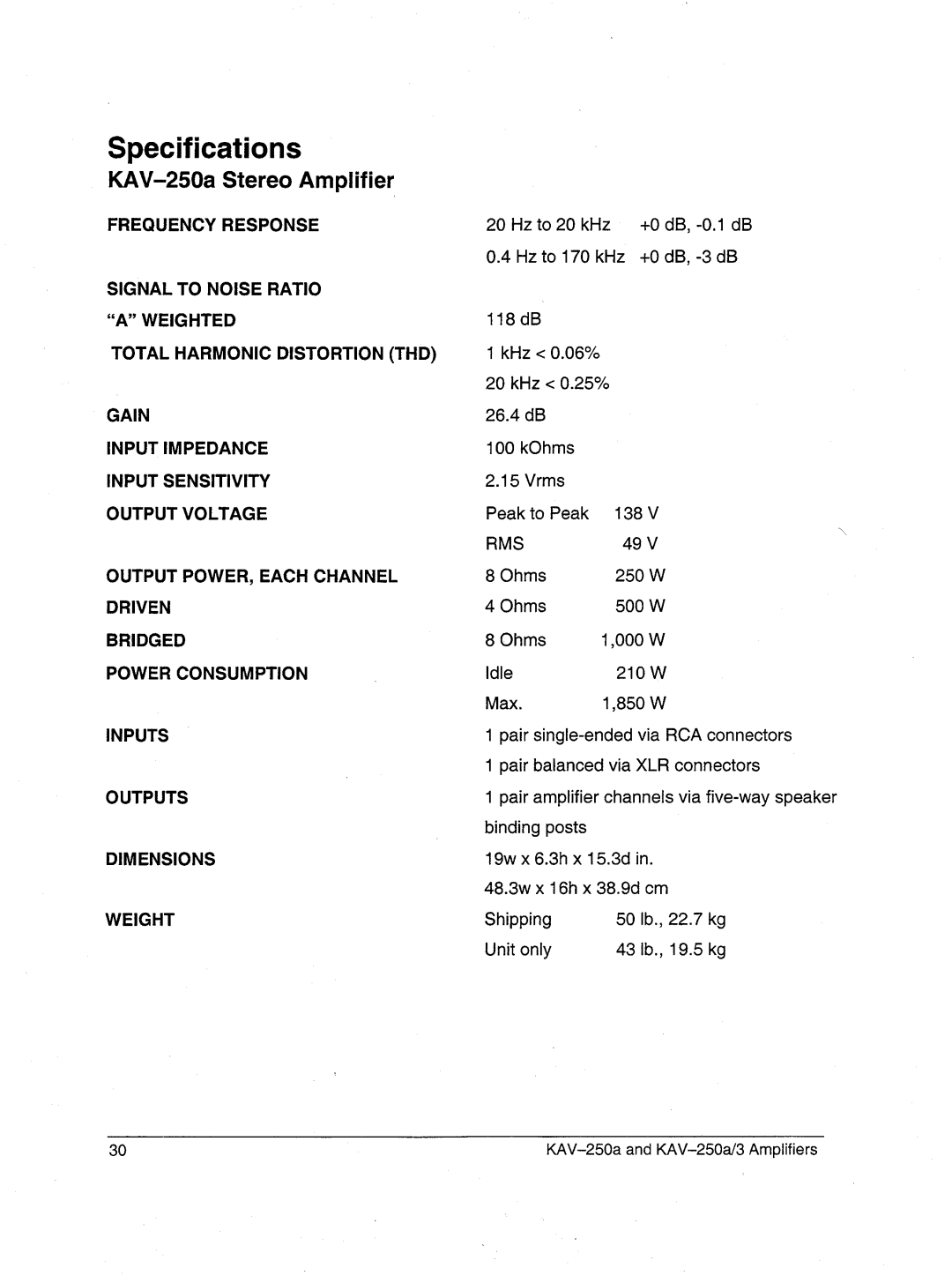 Krell Industries KAV-250a/3 manual Specifications, KAV-250aStereo Amplifier 