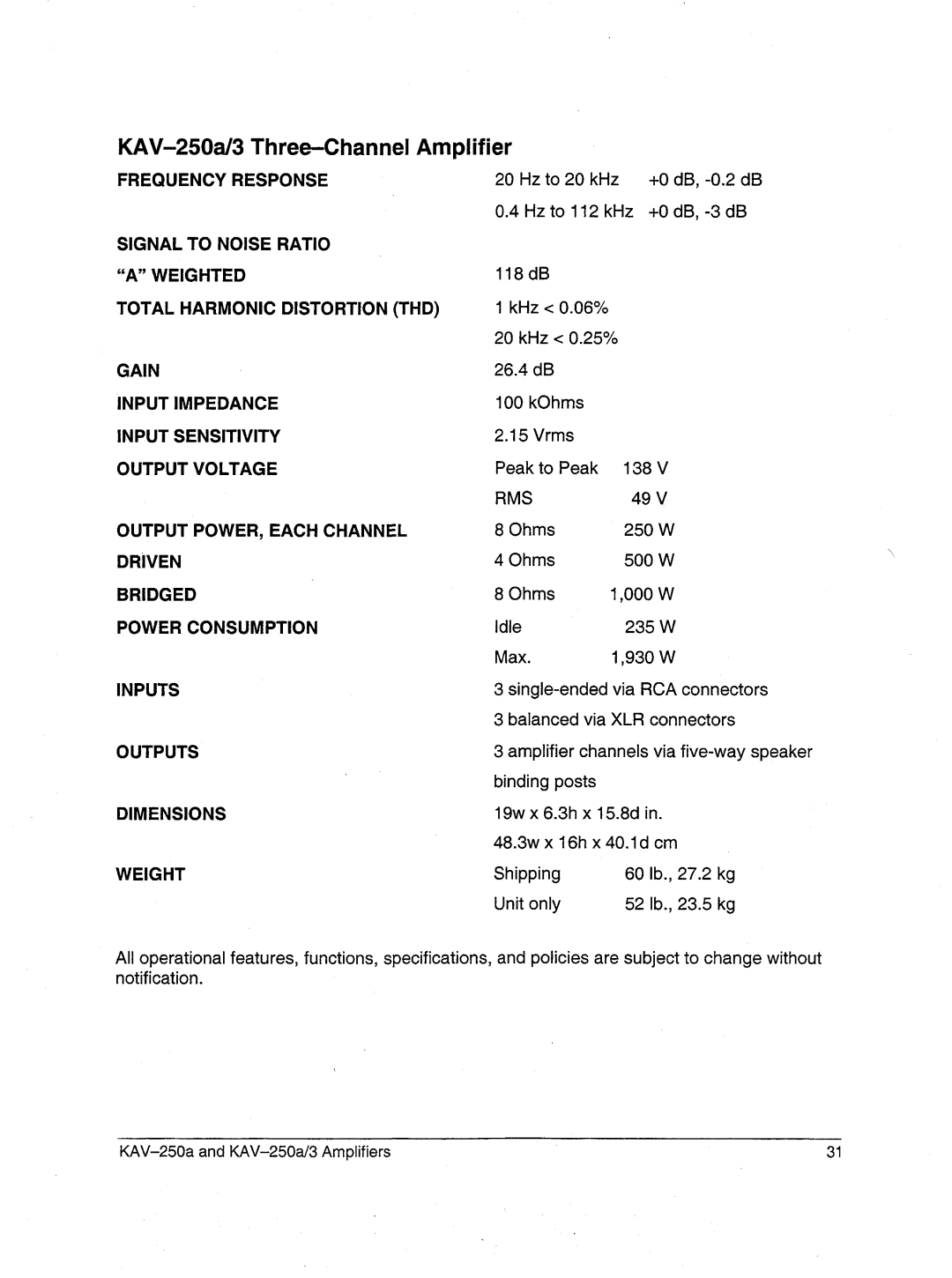 Krell Industries manual KAV-250a/3Three-Channel Amplifier 