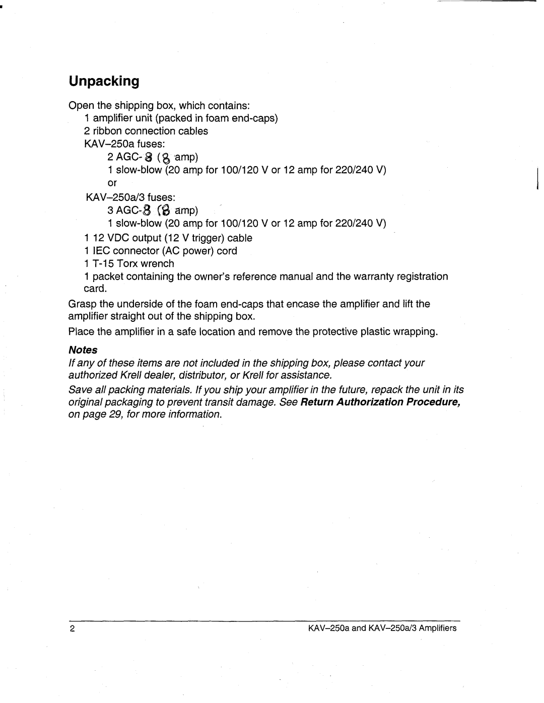 Krell Industries KAV-250a/3 manual Unpacking 