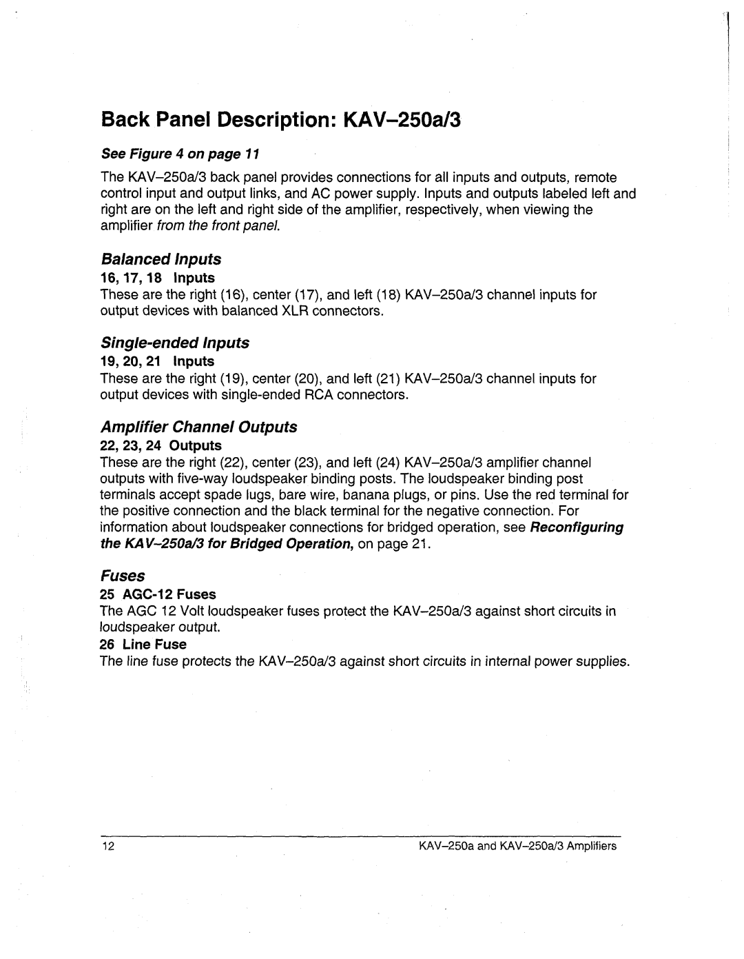 Krell Industries BackPanel Description KAV-250a/3, See on page11, Balanced Inputs, 16, 17, 18 Inputs, 19, 20, 21 Inputs 
