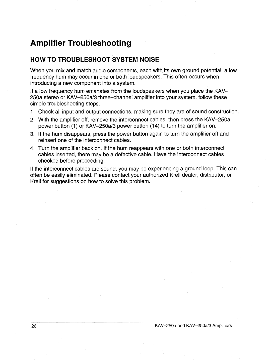 Krell Industries KAV-250a/3 manual Amplifier Troubleshooting, How To Troubleshoot System Noise 