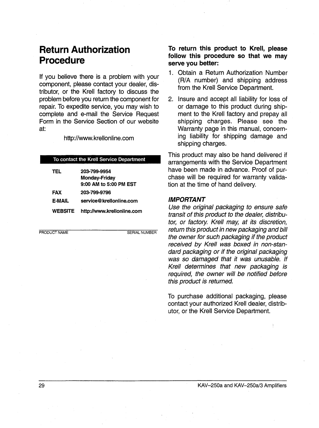 Krell Industries KAV-250a/3 manual ReturnAuthorization Procedure 