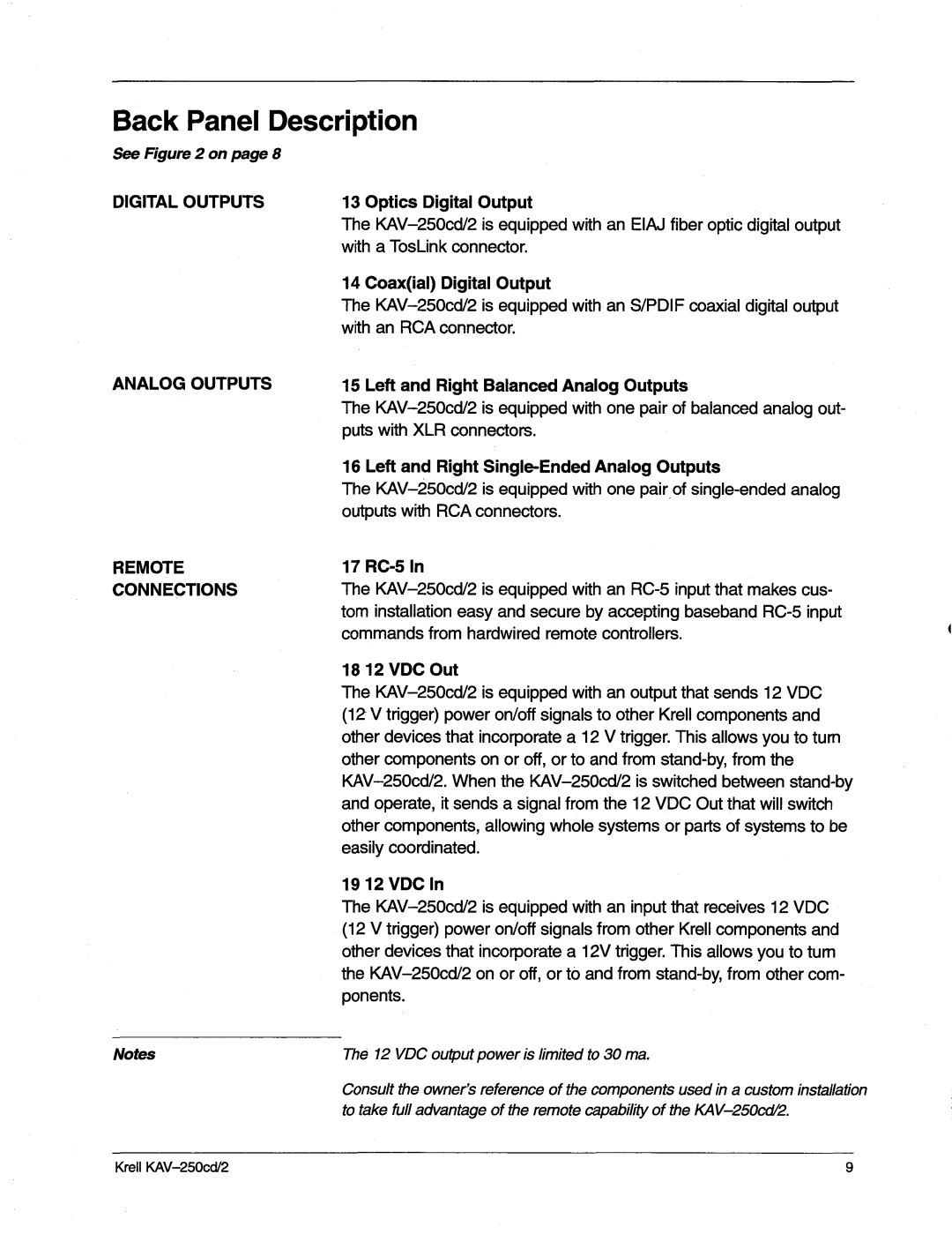 Krell Industries KAV-250cd/2 manual BackPanelDescription, Digital Outputs, Analog Outputs, Remote Connections 